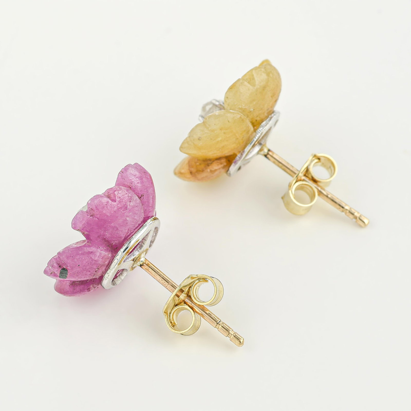 Hand Carved Pink and Yellow Sapphire and Diamond Earrings - 2