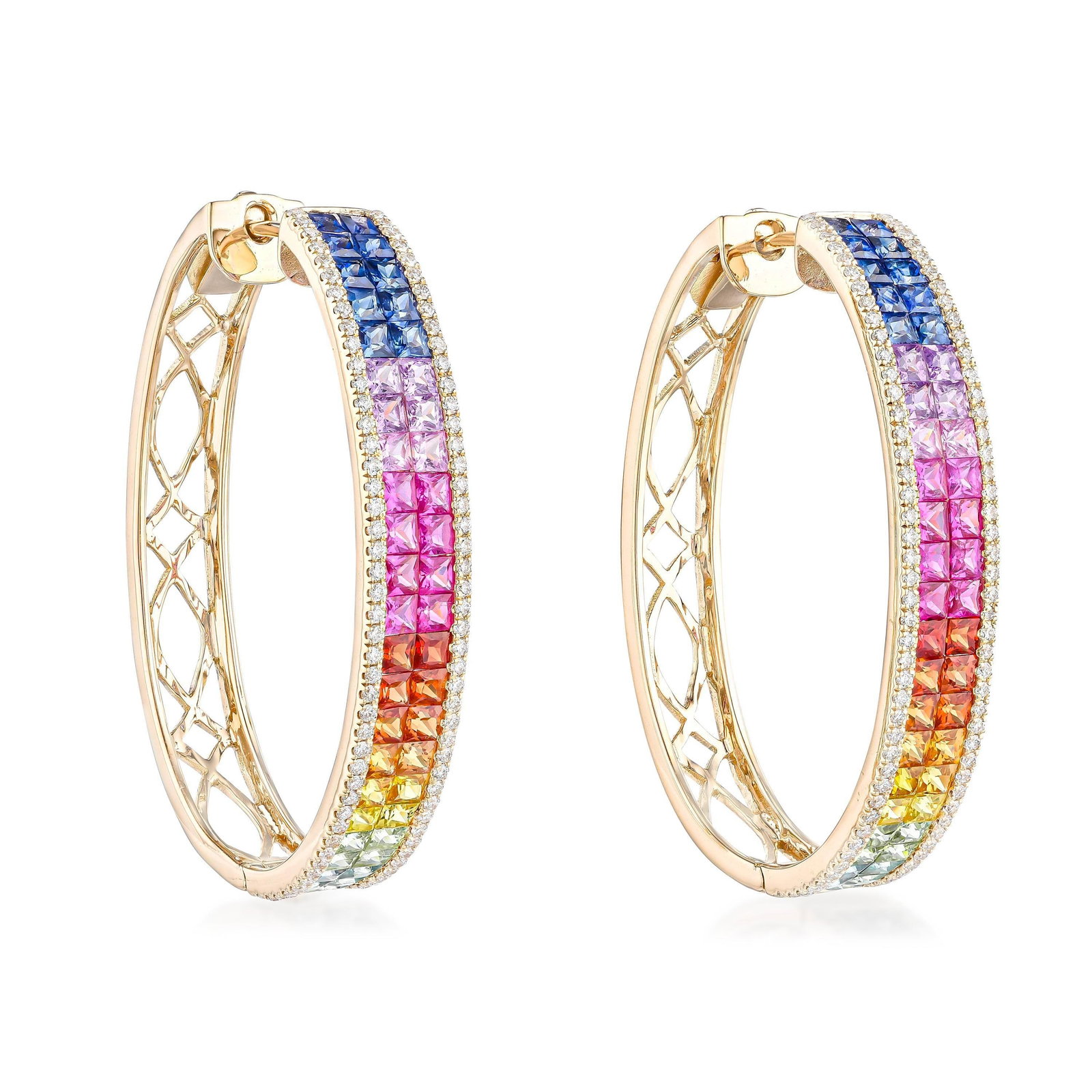 Multi-Colored Rainbow Sapphire and Diamond Earrings: ESTIMATED RETAIL PRICE: $7,000* *This is the estimated value a piece of similar quality, craftsmanship, and characteristics could command at retail. Princess-cut colored sapphires bring an angular,