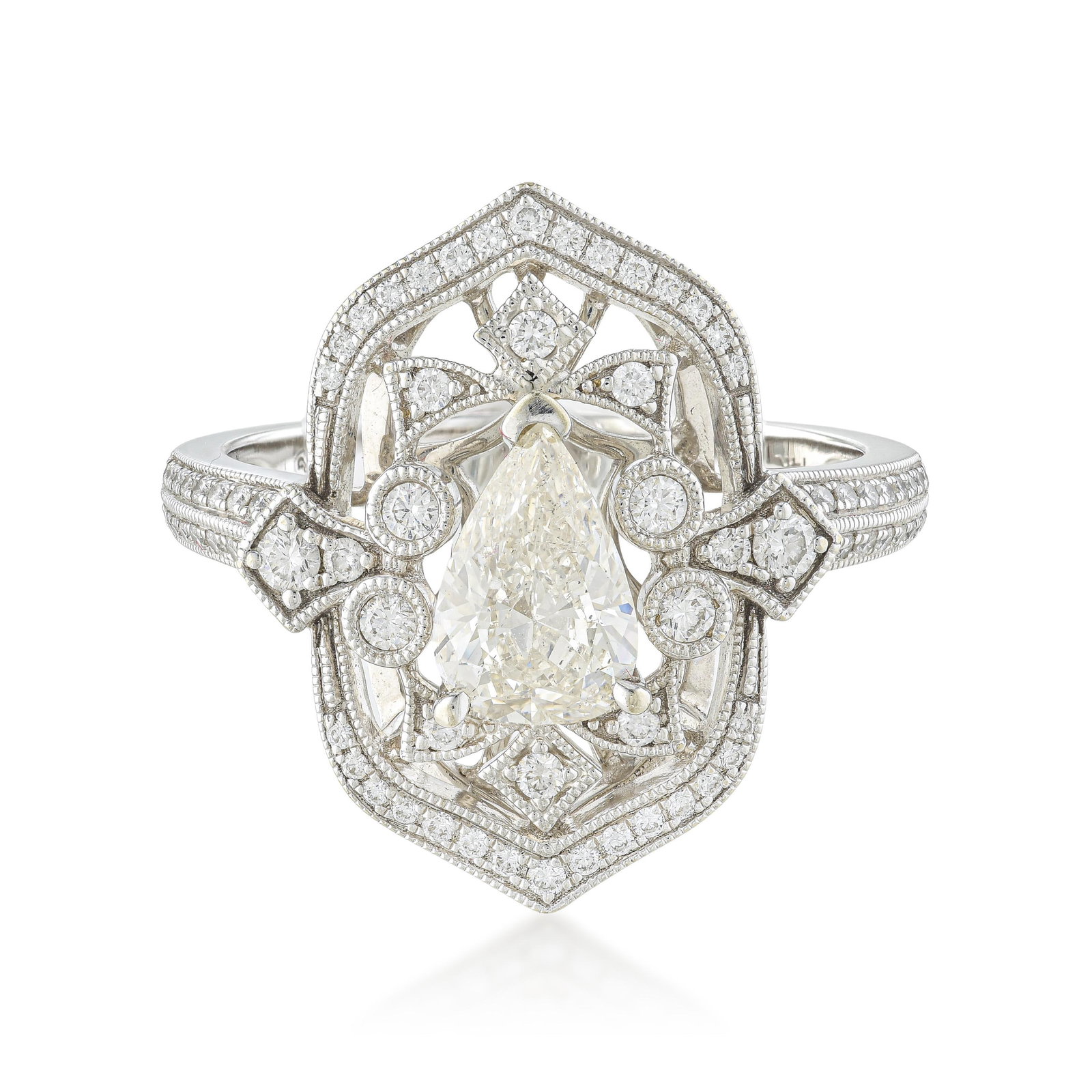 Pear Shape Diamond Shield Ring: ESTIMATED RETAIL PRICE: $4,500* *This is the estimated value a piece of similar quality, craftsmanship, and characteristics could command at retail. A pear-shaped 1.10-carat diamond in a