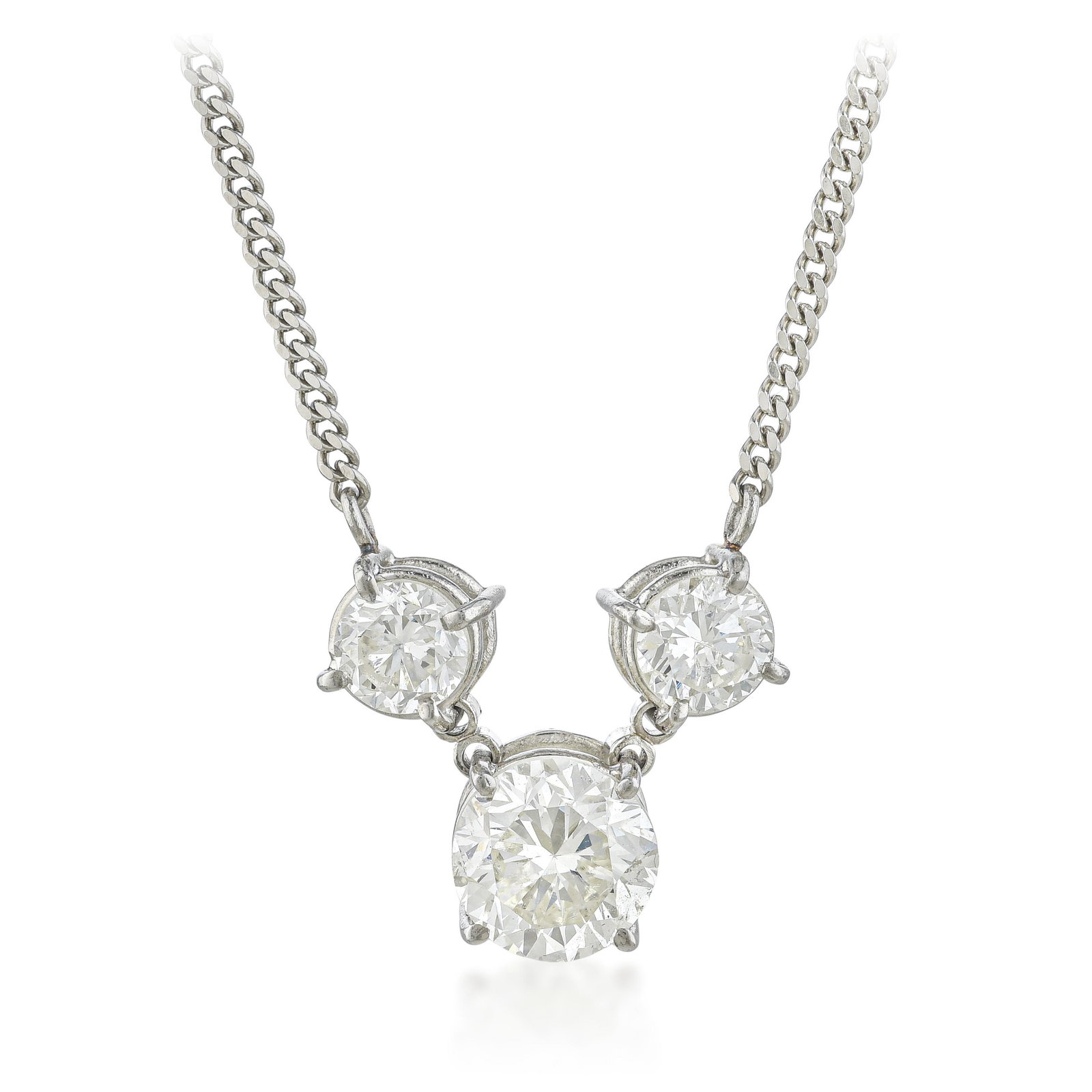 Three Diamond Necklace: ESTIMATED RETAIL PRICE: $5,500**This is the estimated value a piece of similar quality, craftsmanship, and characteristics could command at retail.Three round brilliant diamonds, graduated and set alo