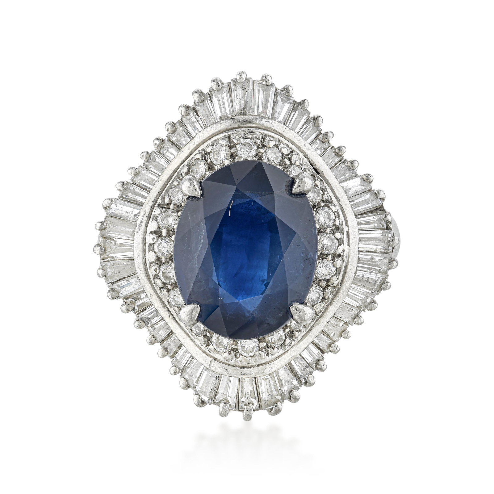 Sapphire and Diamond Ballerina Ring: ESTIMATED RETAIL PRICE: $3,800* *This is the estimated value a piece of similar quality, craftsmanship, and characteristics could command at retail. A 3.00-carat oval sapphire in platinum with