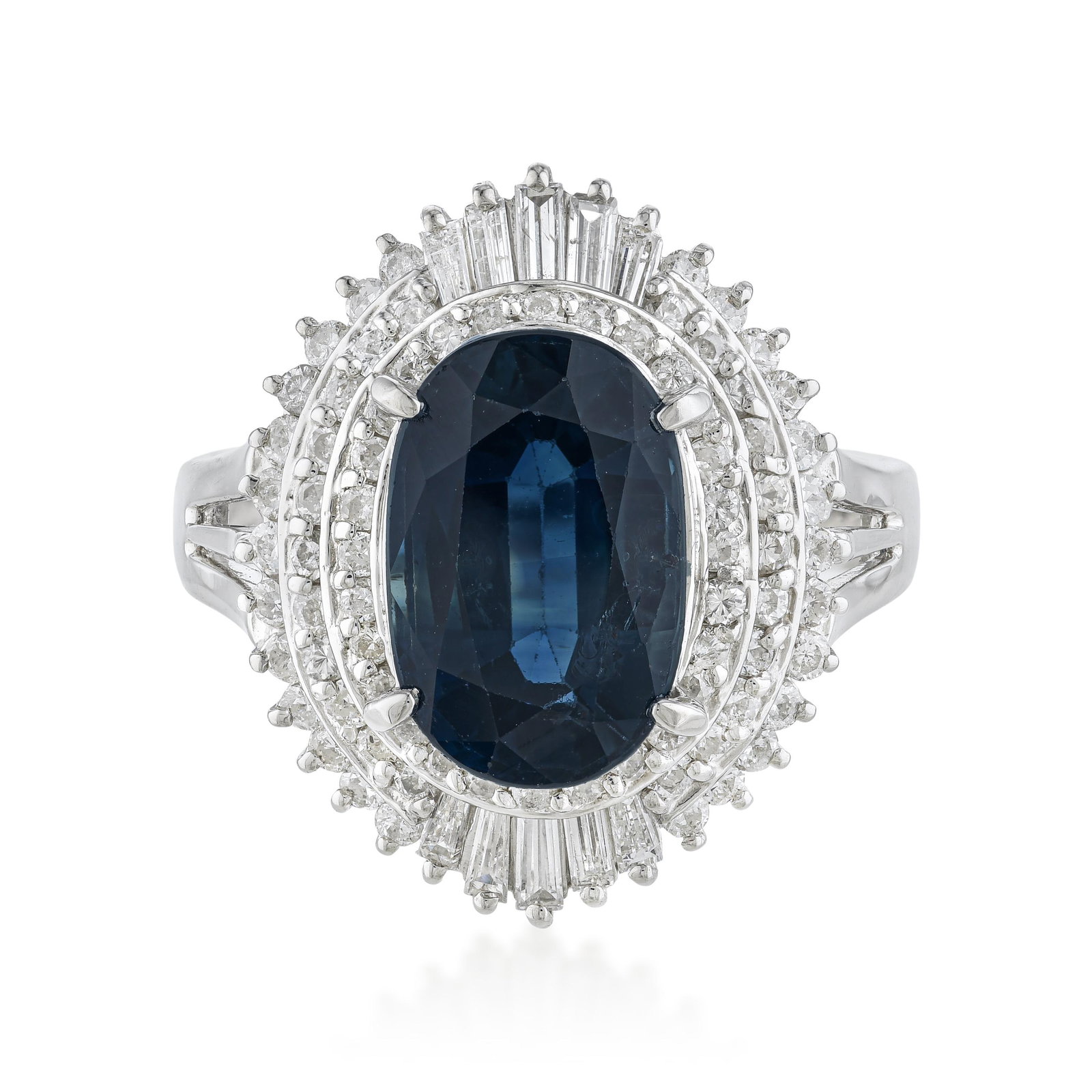 Sapphire and Diamond Cocktail Ring: ESTIMATED RETAIL PRICE: $3,000* *This is the estimated value a piece of similar quality, craftsmanship, and characteristics could command at retail. A 3.65-carat oval sapphire in platinum with