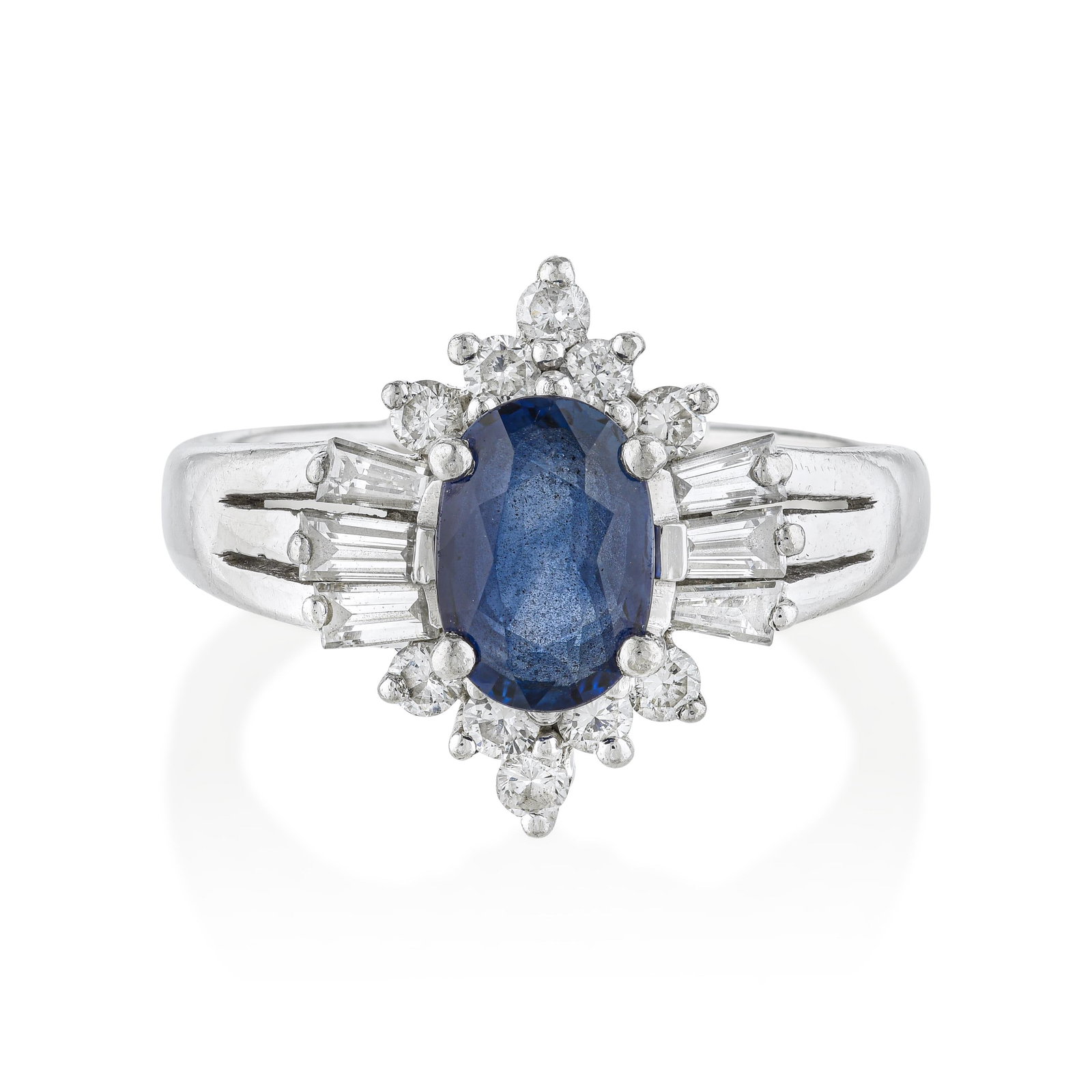 Sapphire And Diamond Ring: ESTIMATED RETAIL PRICE: $2,600* *This is the estimated value a piece of similar quality, craftsmanship, and characteristics could command at retail. VS-clarity diamonds around a 1.10-carat oval