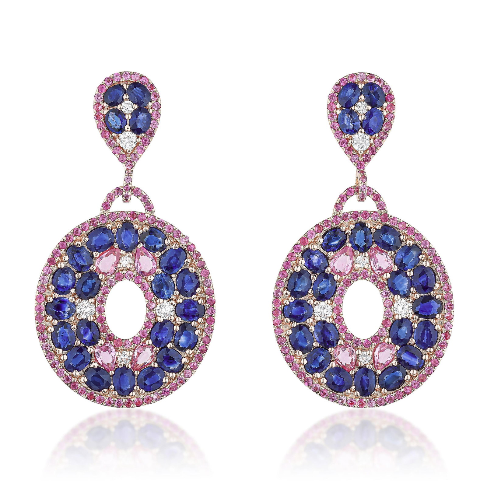 Sapphire Pink Sapphire and Diamond Earrings: ESTIMATED RETAIL PRICE: $10,500**This is the estimated value a piece of similar quality, craftsmanship, and characteristics could command at retail.Blue and pink sapphires in rose gold is a chromatic