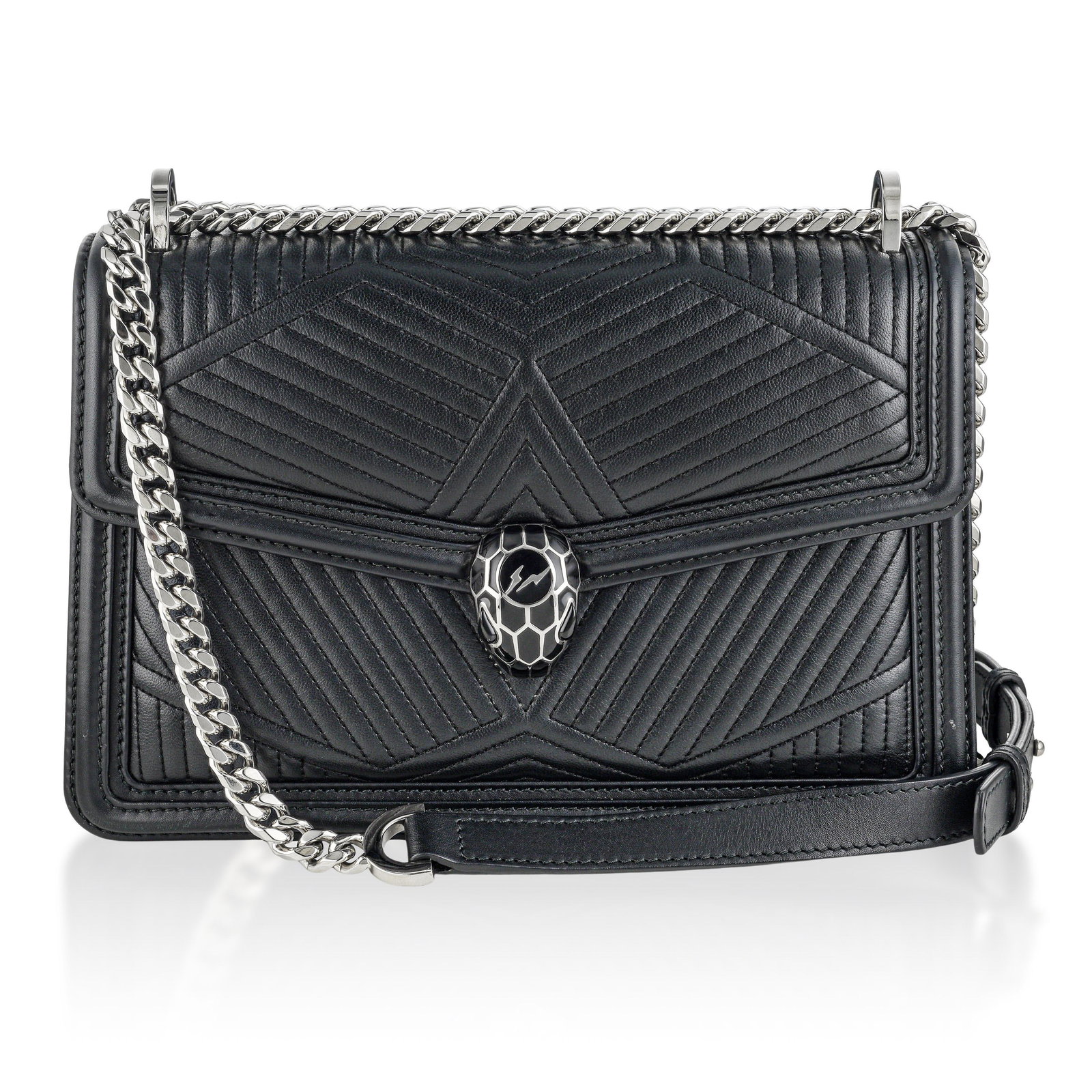 Bvlgari Serpenti Forever Flap Bag – Leather, Black (Hiroshi Fujiwara Collaboration): ESTIMATED RETAIL PRICE: $3,000* *This is the estimated value a piece of similar quality, craftsmanship, and characteristics could command at retail. The Bvlgari Serpenti Forever Flap Bag is
