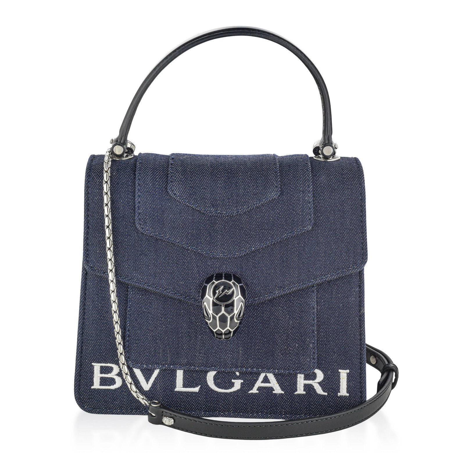 Bvlgari Serpenti Forever Top Handle Bag – Denim RFID Blue, Hiroshi Fujiwara Collaboration: ESTIMATED RETAIL PRICE: $3,500* *This is the estimated value a piece of similar quality, craftsmanship, and characteristics could command at retail. The Bvlgari Serpenti Forever Top Handle Bag is