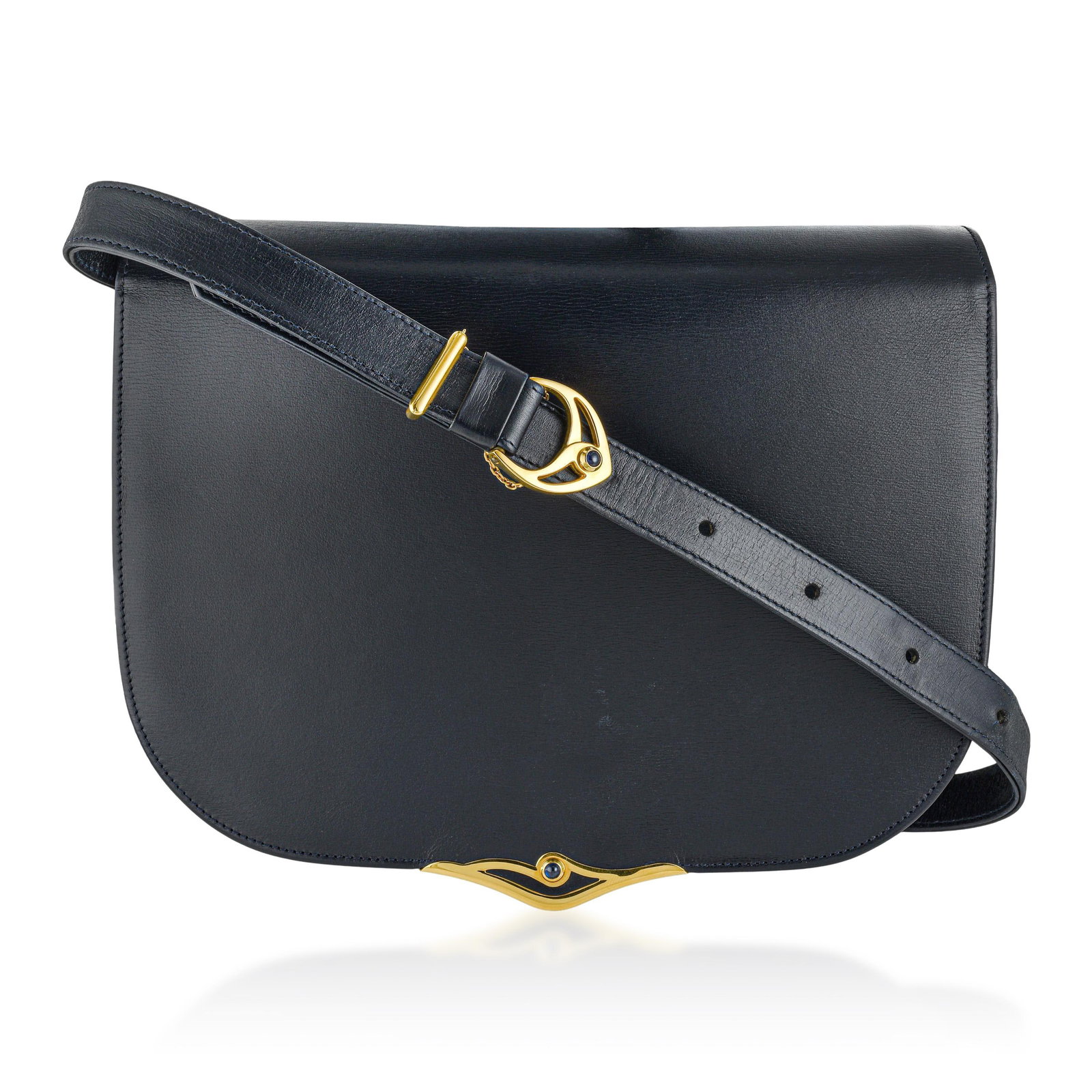 Cartier Must de Cartier Saddle Shoulder Bag – Calf Leather, Navy: ESTIMATED RETAIL PRICE: $2,200* *This is the estimated value a piece of similar quality, craftsmanship, and characteristics could command at retail. The Cartier Must de Cartier Saddle Shoulder Bag