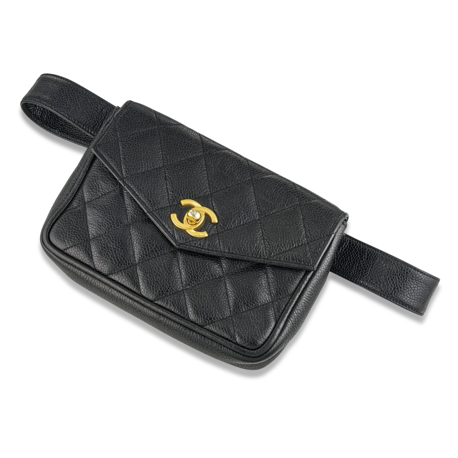 Chanel Matelasse Belt Bag – Caviar Leather, Black: ESTIMATED RETAIL PRICE: $3,500* *This is the estimated value a piece of similar quality, craftsmanship, and characteristics could command at retail. This Chanel Matelasse belt bag exemplifies the