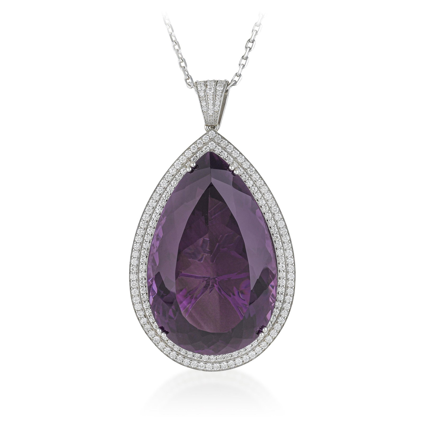 208.30-Carat Amethyst and Diamond Pendant Necklace: ESTIMATED RETAIL PRICE: $20,000* *This is the estimated value a piece of similar quality, craftsmanship, and characteristics could command at retail. To find a pear-cut amethyst at 208 carats with the