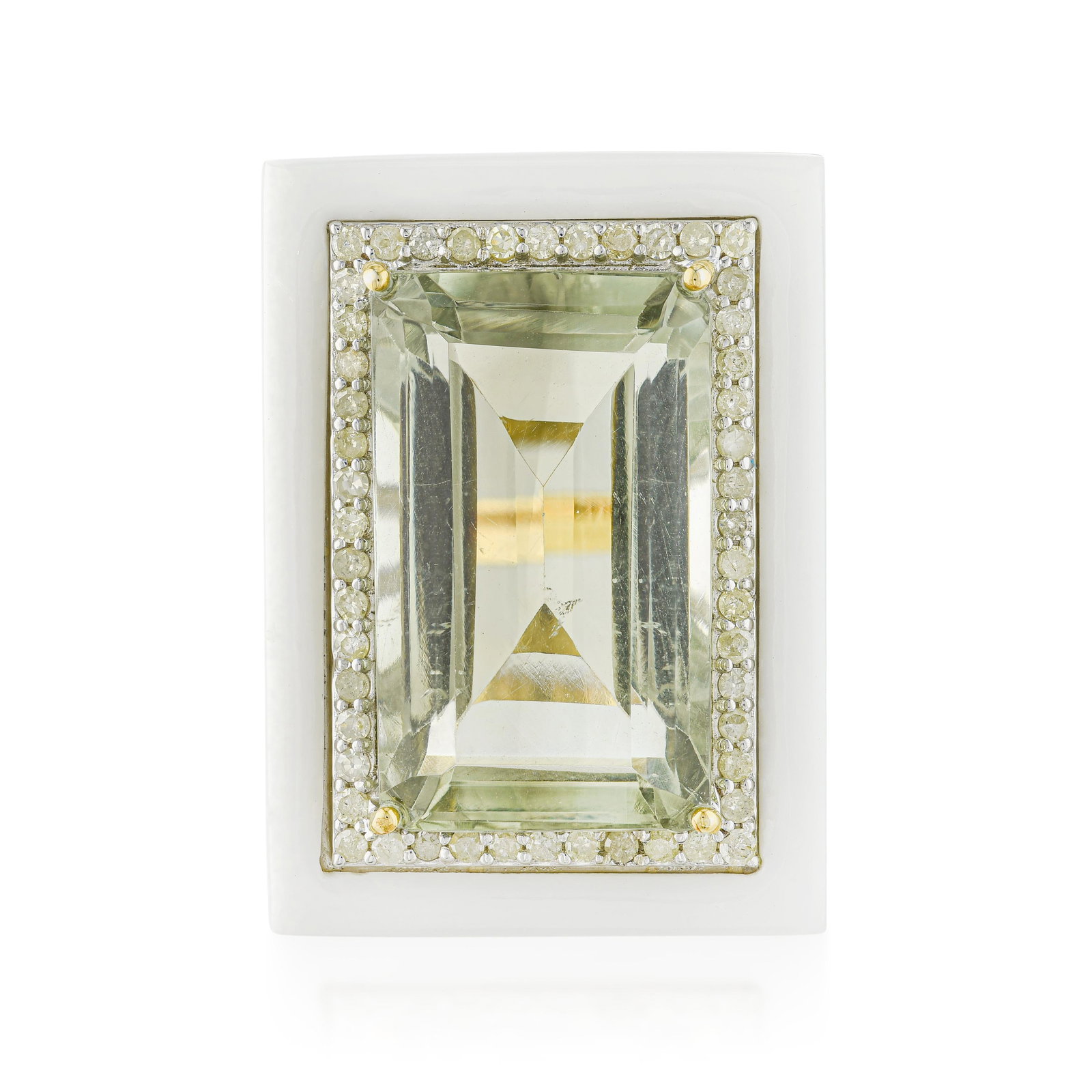 Green Prasiolite White Onyx and Diamond Ring: ESTIMATED RETAIL PRICE: $1,800* *This is the estimated value a piece of similar quality, craftsmanship, and characteristics could command at retail. The prasiolite center stone at 15 carats gives