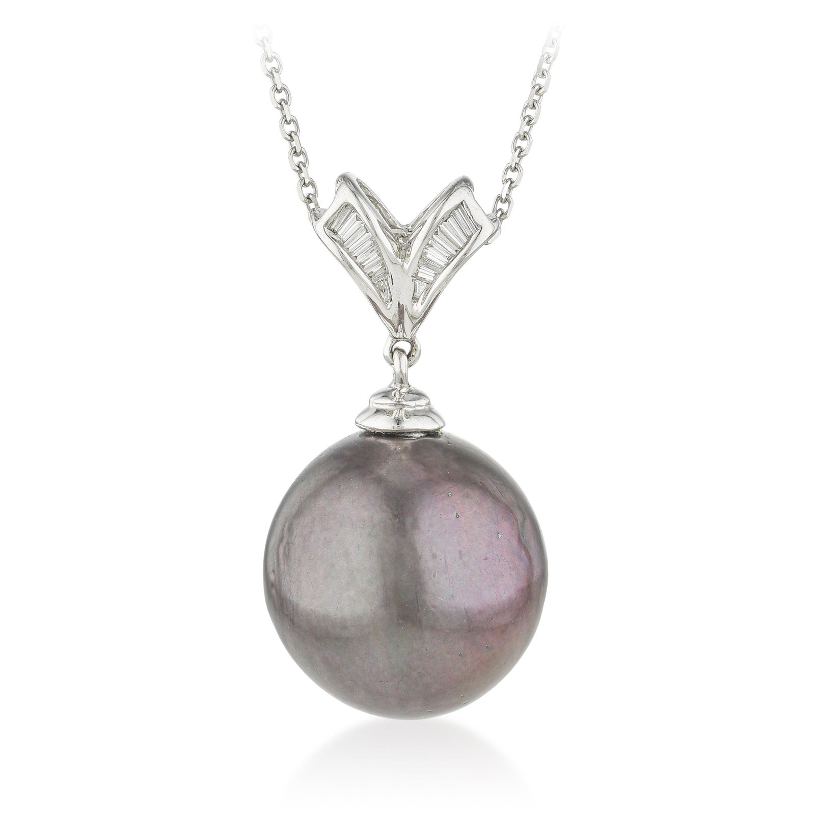 Black Pearl and Diamond Necklace: ESTIMATED RETAIL PRICE: $2,000* *This is the estimated value a piece of similar quality, craftsmanship, and characteristics could command at retail. Black pearls with a purple overtone occupy a