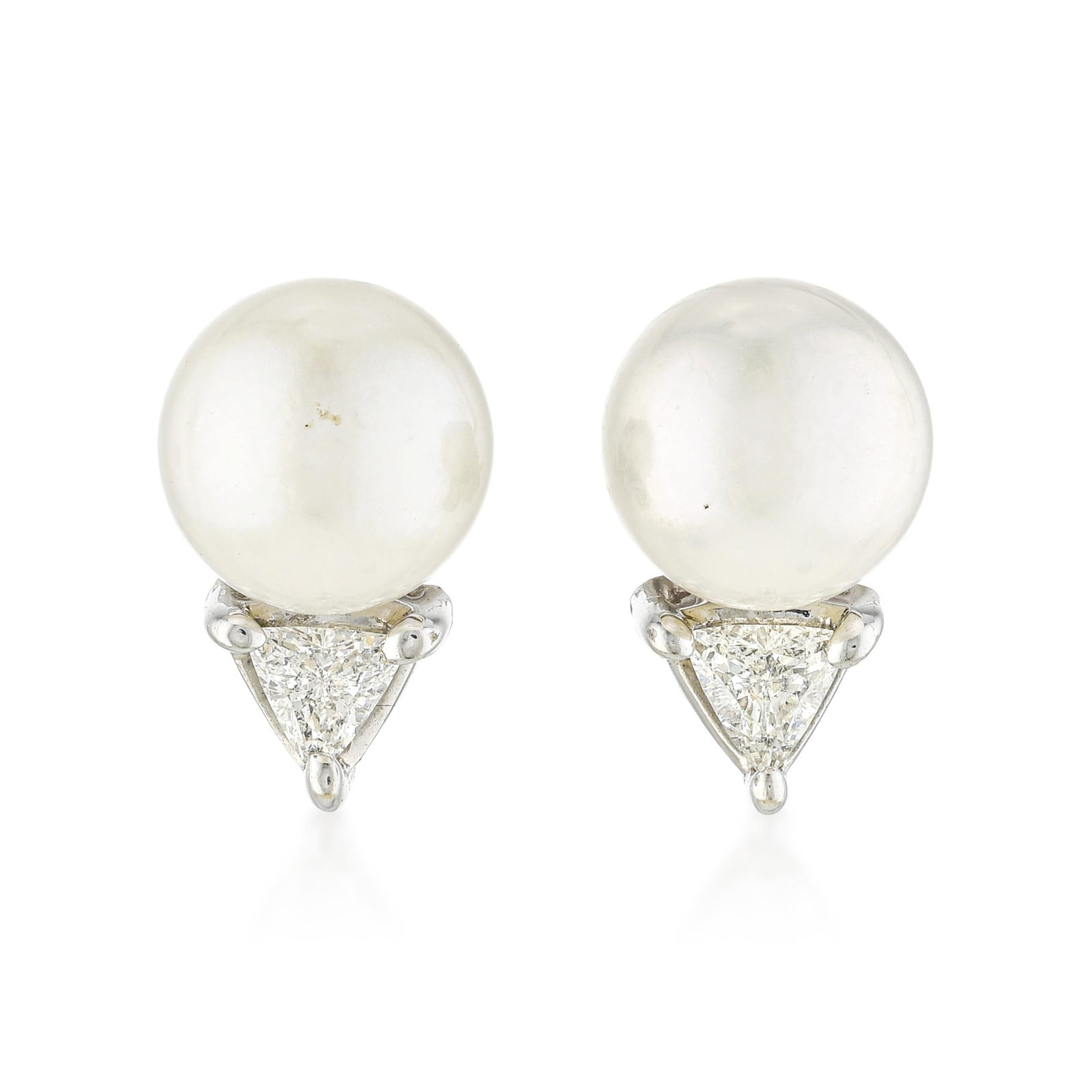 Pearl And Diamond Stud Earrings - No Reserve: ESTIMATED RETAIL PRICE: $2,500* *This is the estimated value a piece of similar quality, craftsmanship, and characteristics could command at retail. Pearl studs with trillion-cut diamond halos