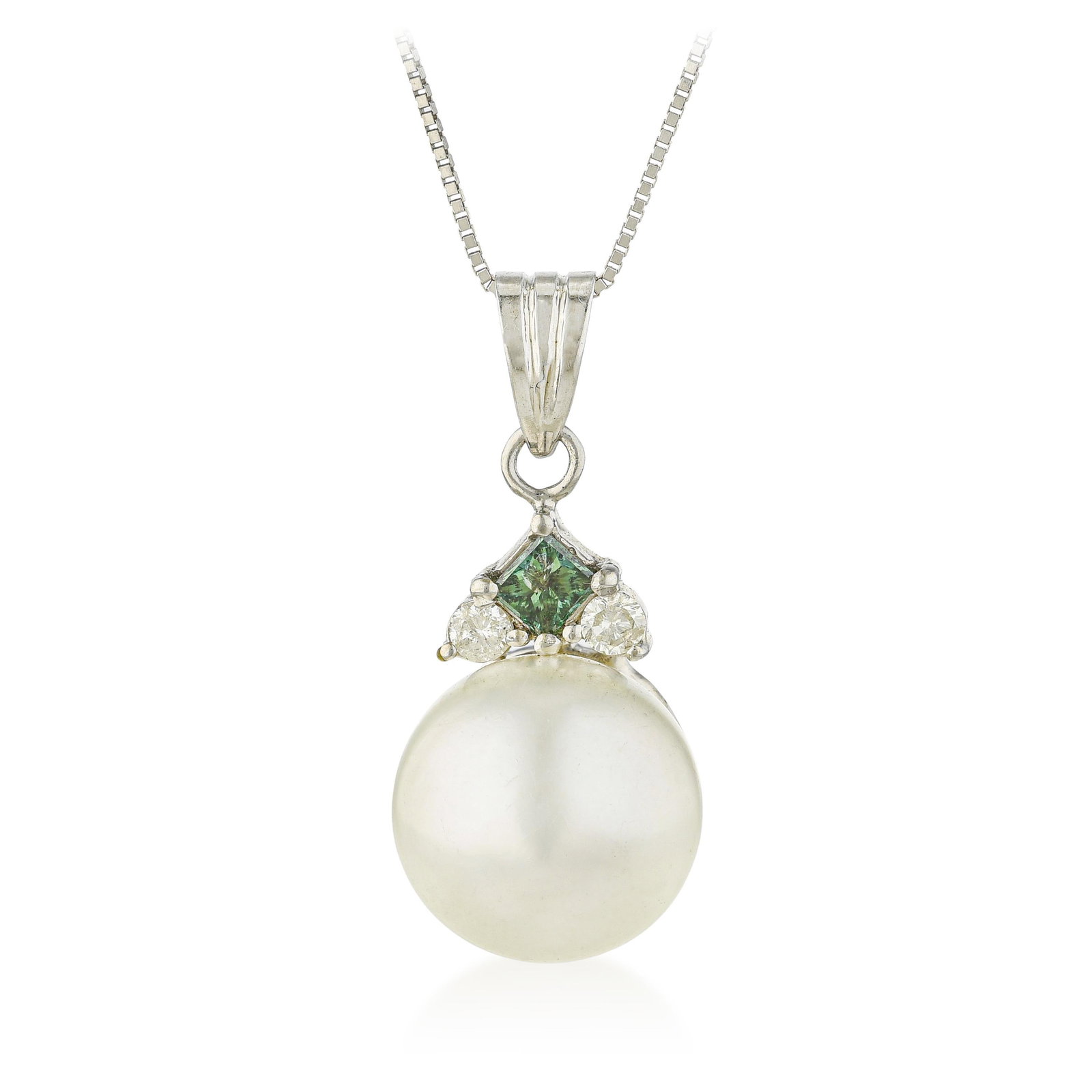White Pearl and Diamond Pendant: ESTIMATED RETAIL PRICE: $1,500* *This is the estimated value a piece of similar quality, craftsmanship, and characteristics could command at retail. The combination of marquise-cut diamonds and a