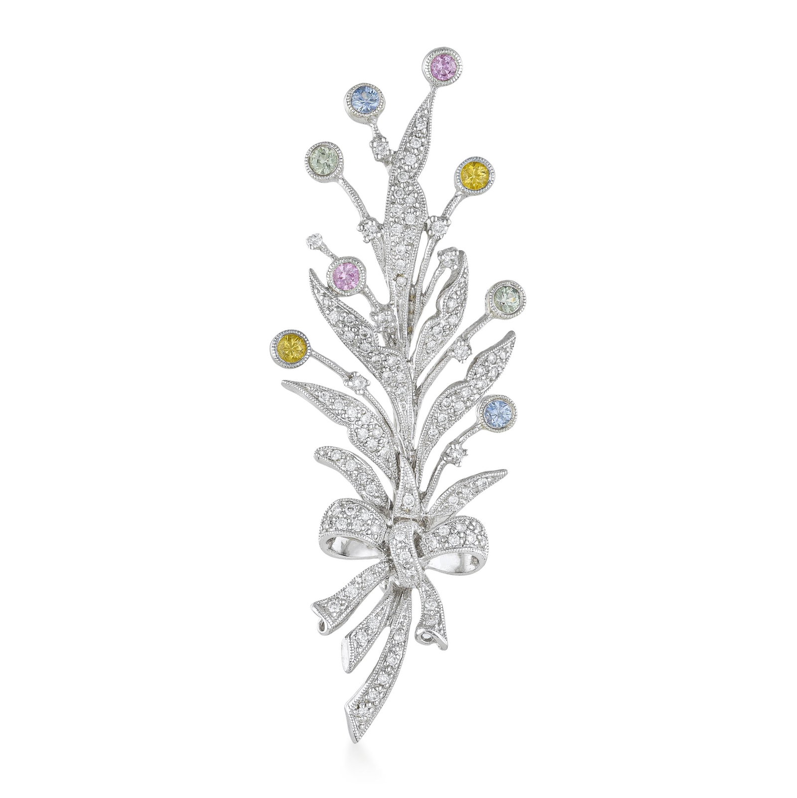 Diamond And Color Stone Flower Brooch: ESTIMATED RETAIL PRICE: $5,500* *This is the estimated value a piece of similar quality, craftsmanship, and characteristics could command at retail. A color stone and diamond flower brooch in 18K
