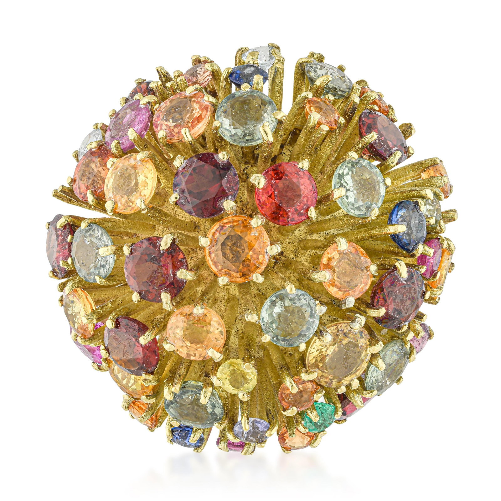 Vintage Multicolored Gemstone Brooch: ESTIMATED RETAIL PRICE: $5,500* *This is the estimated value a piece of similar quality, craftsmanship, and characteristics could command at retail. The Sputnik-style brooch from the 1960s is one of