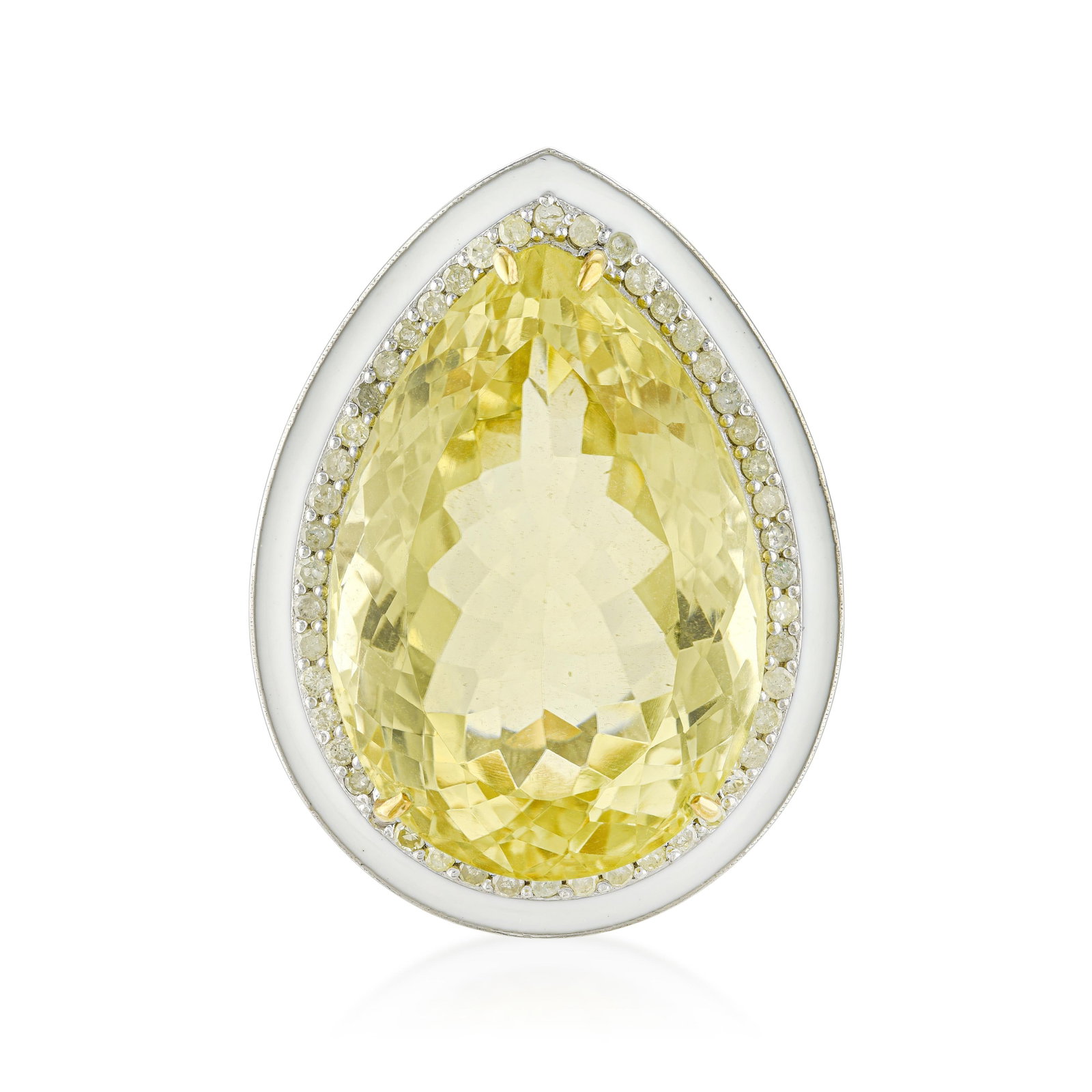 Lemon Quartz White Enamel and Diamond Ring: ESTIMATED RETAIL PRICE: $2,000* *This is the estimated value a piece of similar quality, craftsmanship, and characteristics could command at retail. Lemon quartz, with its clear yellow tone, is well s