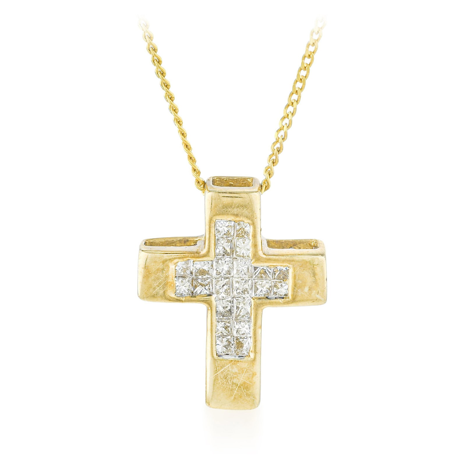 Diamond Cross Pendant Necklace: ESTIMATED RETAIL PRICE: $1,200* *This is the estimated value a piece of similar quality, craftsmanship, and characteristics could command at retail. The cross pendant in princess-cut diamonds set in