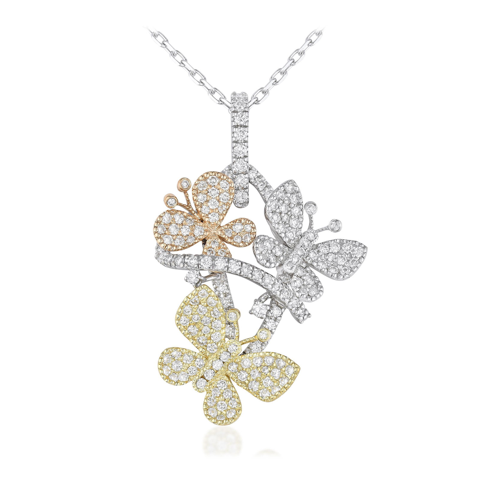Diamond Butterfly Pendant Necklace: ESTIMATED RETAIL PRICE: $6,000* *This is the estimated value a piece of similar quality, craftsmanship, and characteristics could command at retail. Tri-color gold used well is a design intelligence