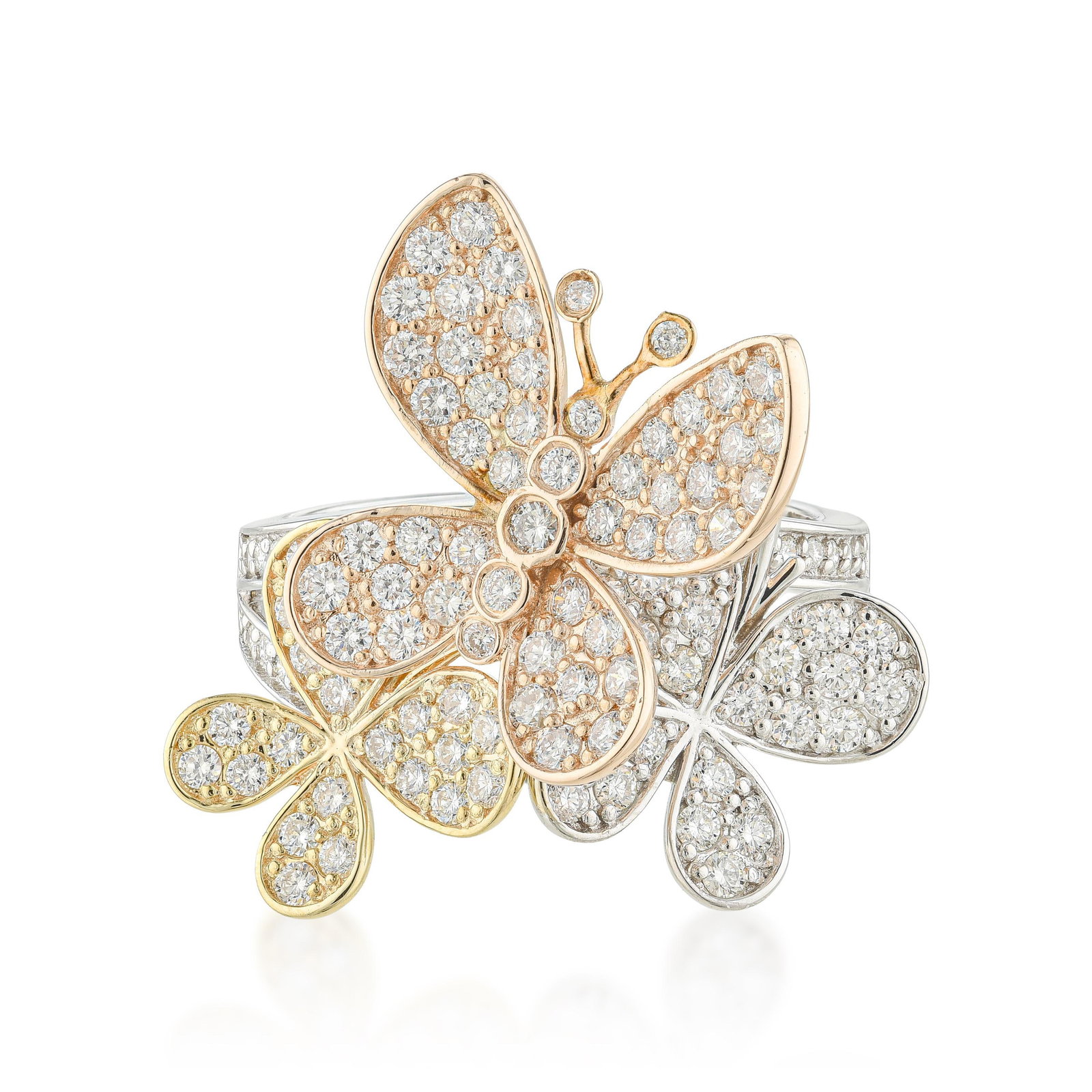 Tri-Color Gold Butterfly Diamond Ring: ESTIMATED RETAIL PRICE: $2,800* *This is the estimated value a piece of similar quality, craftsmanship, and characteristics could command at retail. Butterfly rings done well require a designer