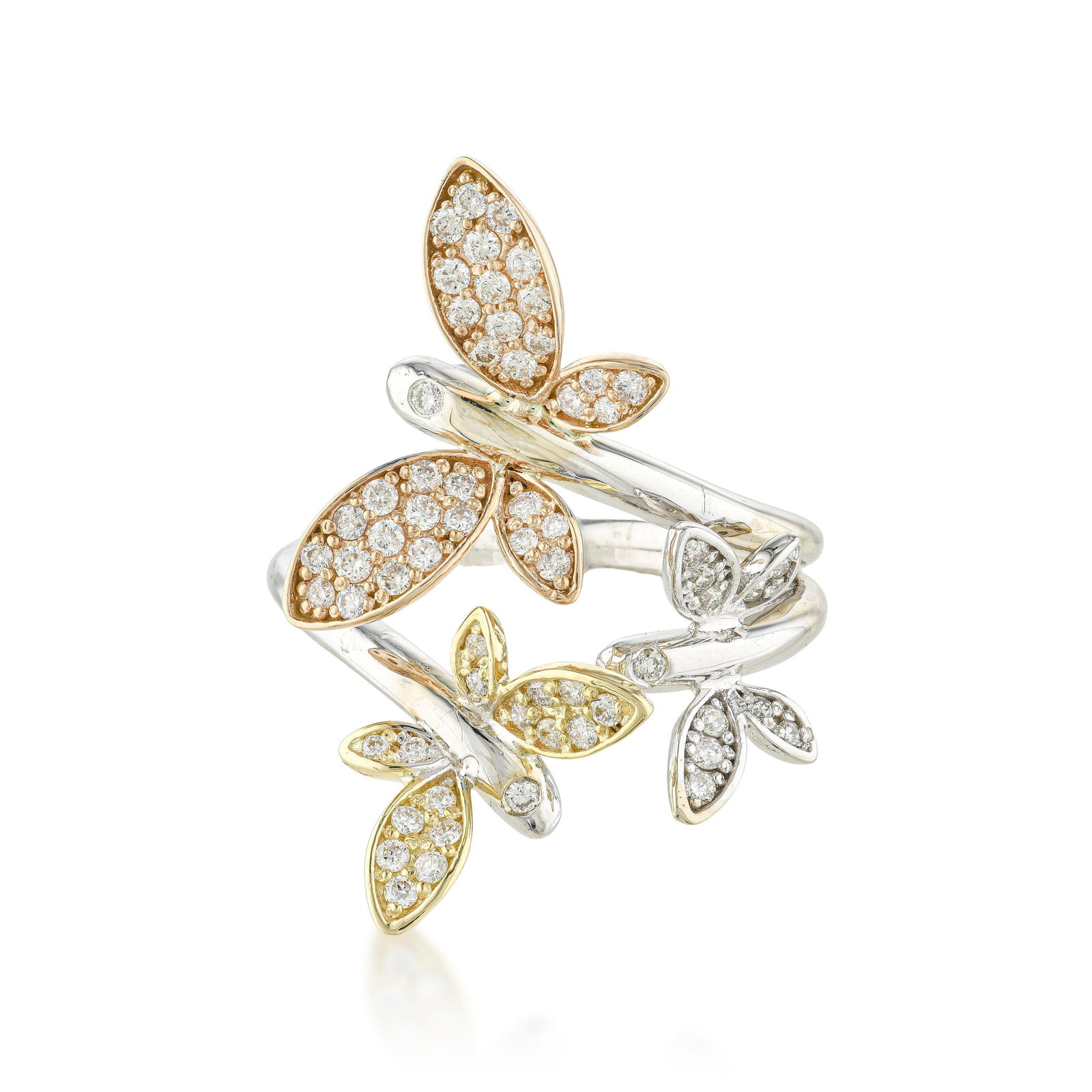 Tri-Color Gold Diamond Butterfly Ring: ESTIMATED RETAIL PRICE: $2,000* *This is the estimated value a piece of similar quality, craftsmanship, and characteristics could command at retail. The tri-color gold construction here,