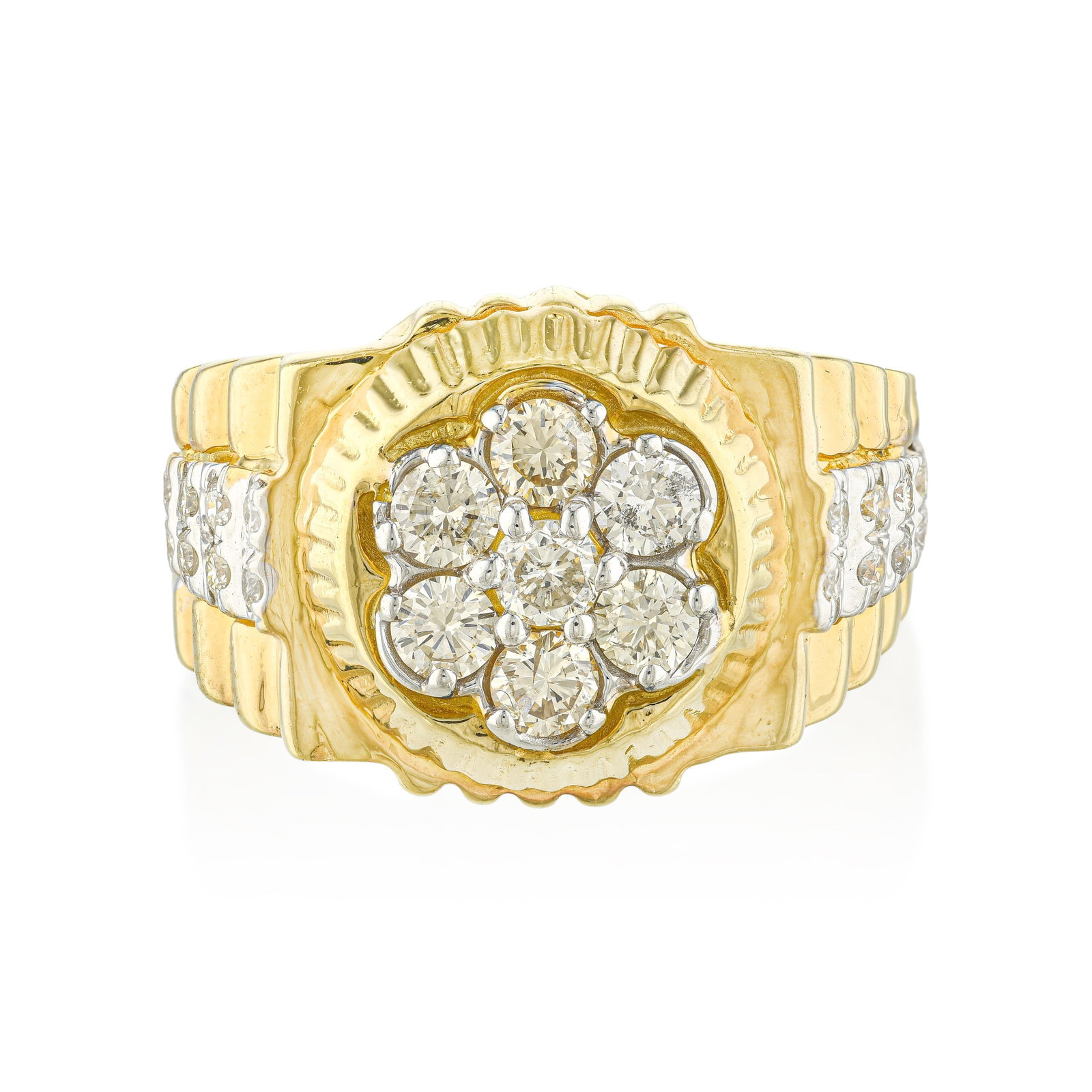 Diamond Cluster Ring: ESTIMATED RETAIL PRICE: $3,800* *This is the estimated value a piece of similar quality, craftsmanship, and characteristics could command at retail. The cluster ring in yellow gold at 1.50 carats of