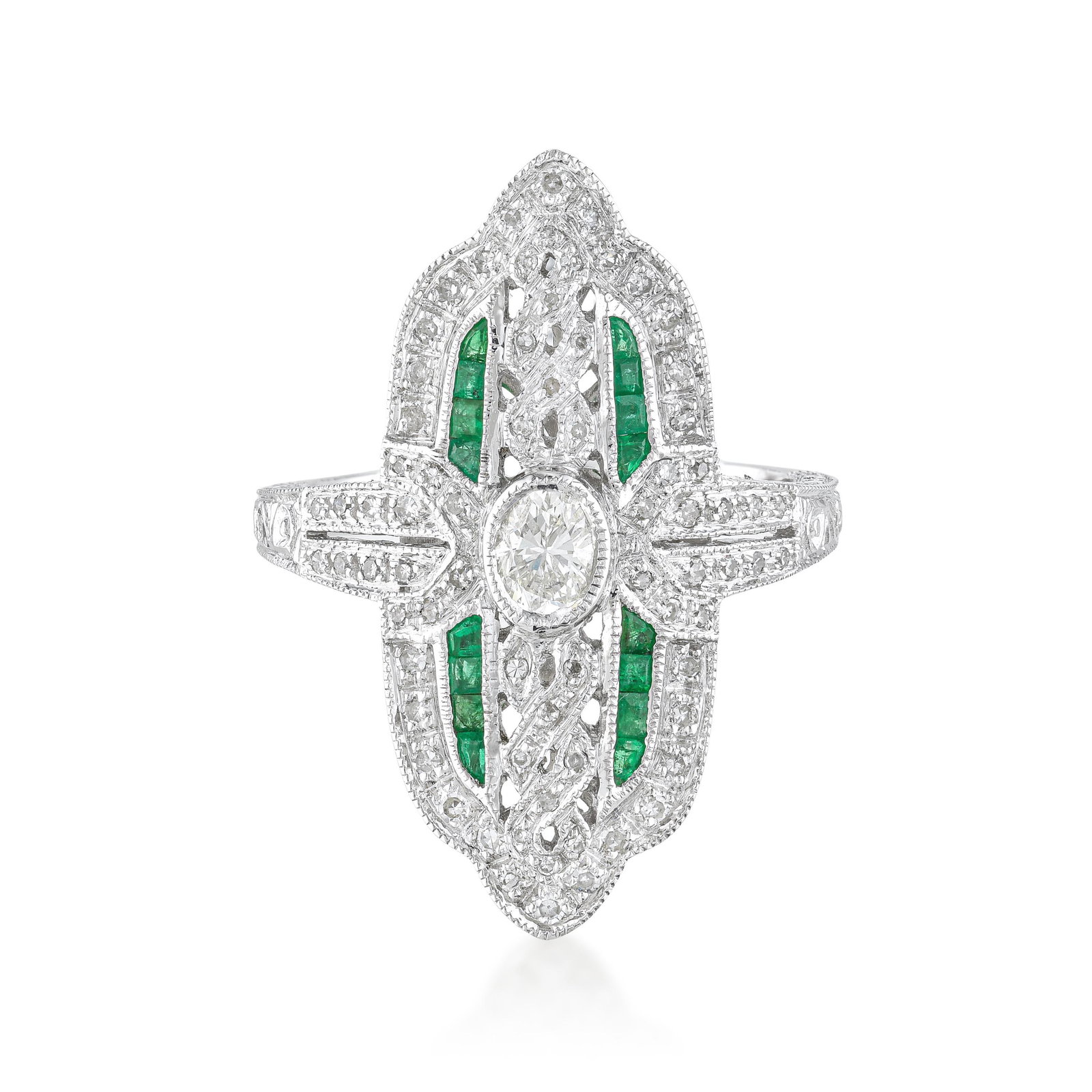 Diamond and Emerald Shield Ring: ESTIMATED RETAIL PRICE: $4,500* *This is the estimated value a piece of similar quality, craftsmanship, and characteristics could command at retail. The shield ring is one of the more architecturally