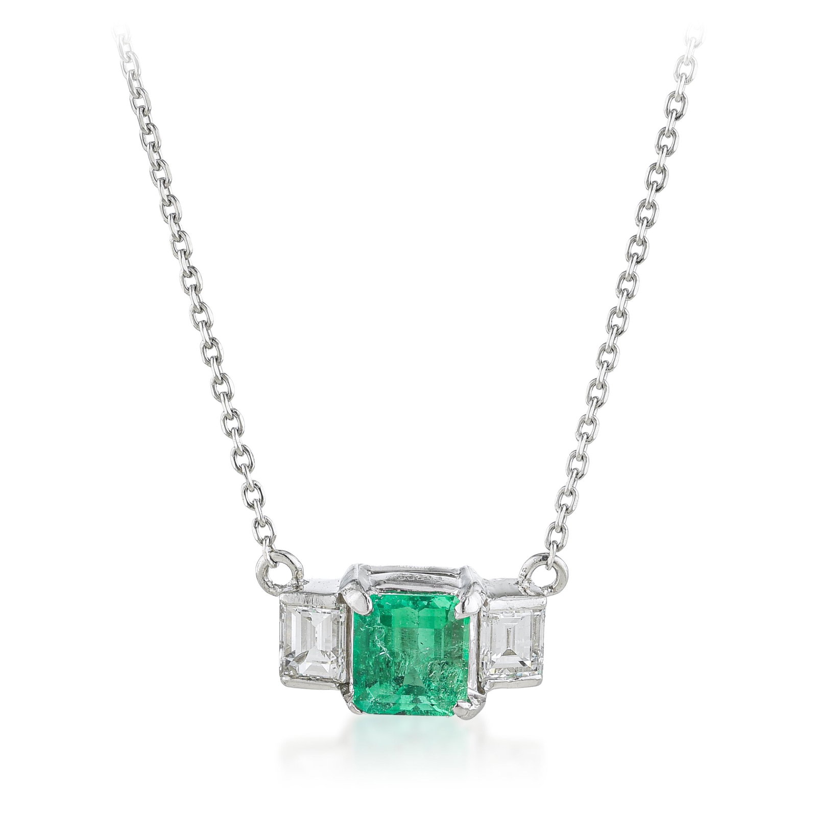 Emerald and Diamond Necklace: ESTIMATED RETAIL PRICE: $2,800* *This is the estimated value a piece of similar quality, craftsmanship, and characteristics could command at retail. A 0.45-carat emerald-cut emerald in platinum with