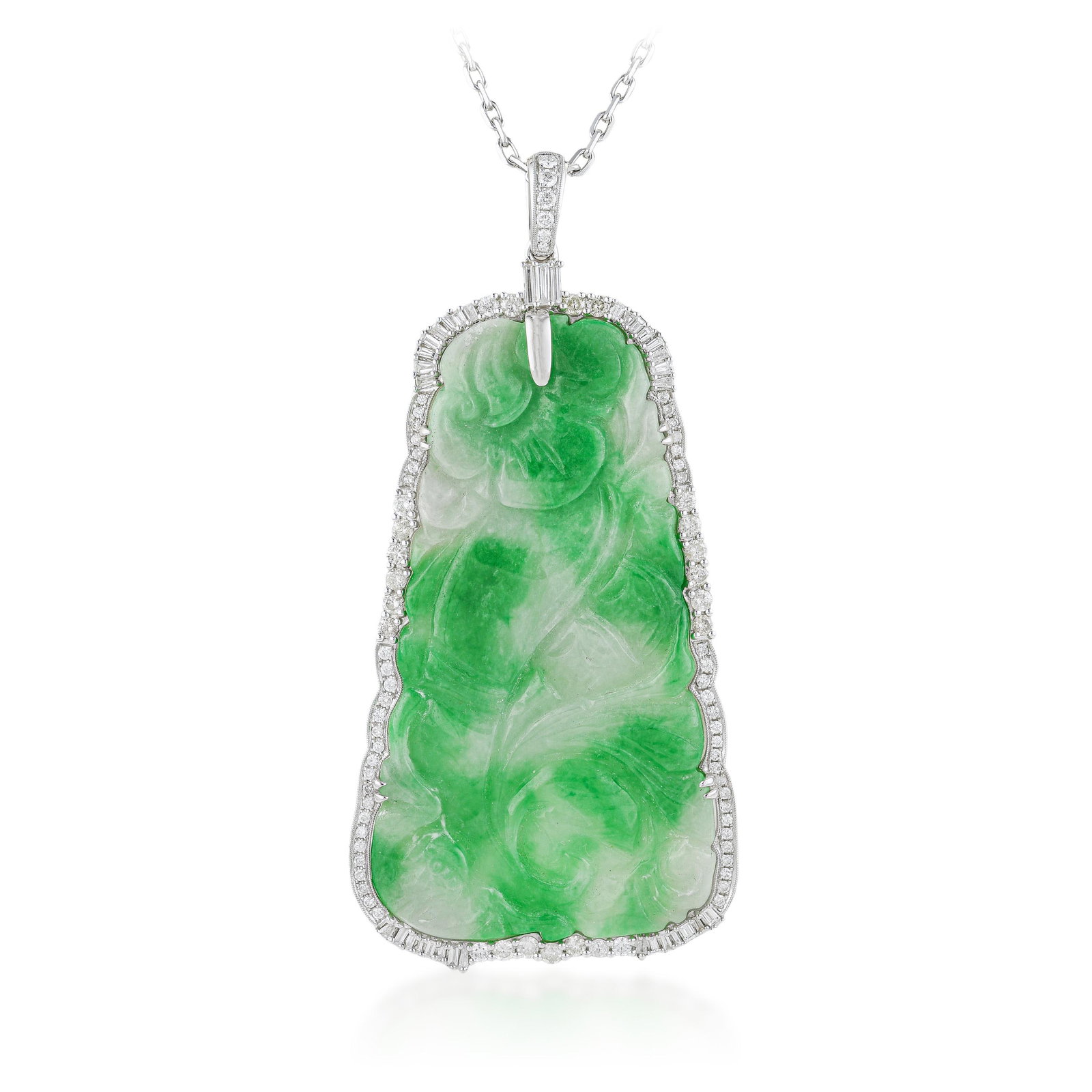 Jade and Diamond Pendant Necklace: ESTIMATED RETAIL PRICE: $10,500* *This is the estimated value a piece of similar quality, craftsmanship, and characteristics could command at retail. Jade set with diamond accents represents a more