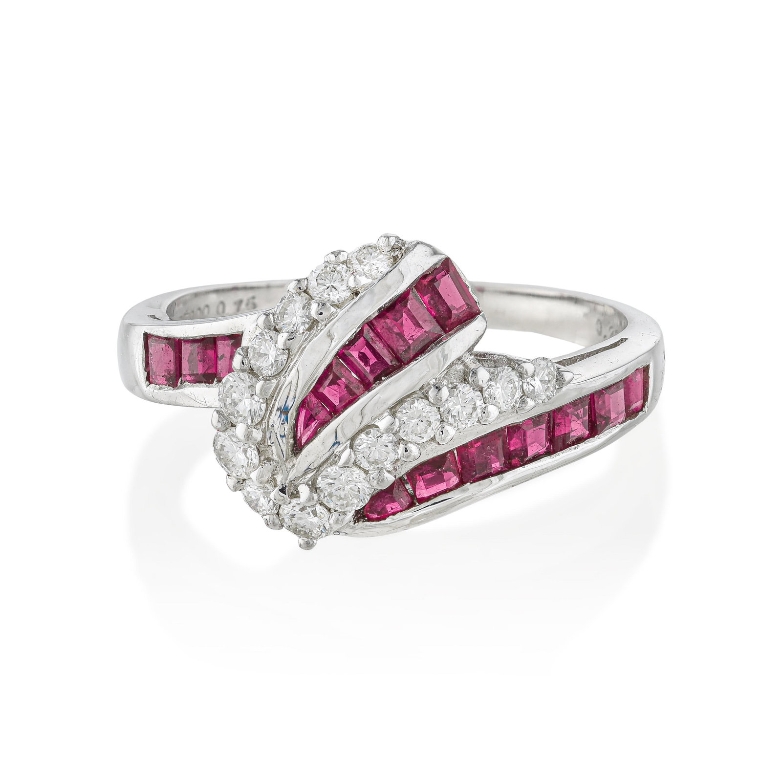 Ruby and Diamond Ring - No Reserve: ESTIMATED RETAIL PRICE: $1,400* *This is the estimated value a piece of similar quality, craftsmanship, and characteristics could command at retail. Square-cut rubies and round brilliant diamonds in