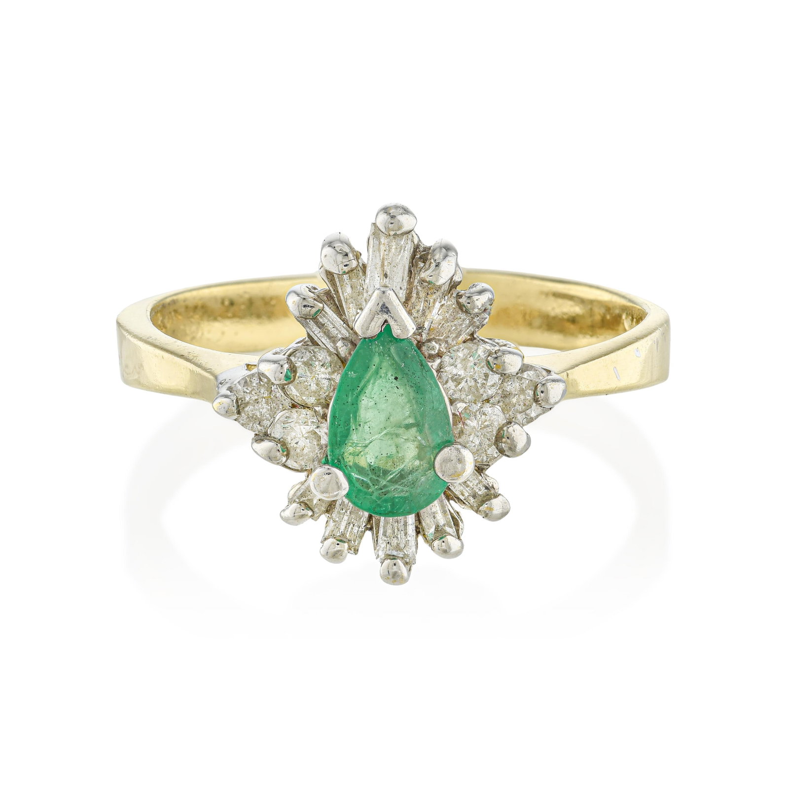 Emerald and Diamond Ring: ESTIMATED RETAIL PRICE: $1,800* *This is the estimated value a piece of similar quality, craftsmanship, and characteristics could command at retail. The pear-shaped emerald is a cut that rewards good