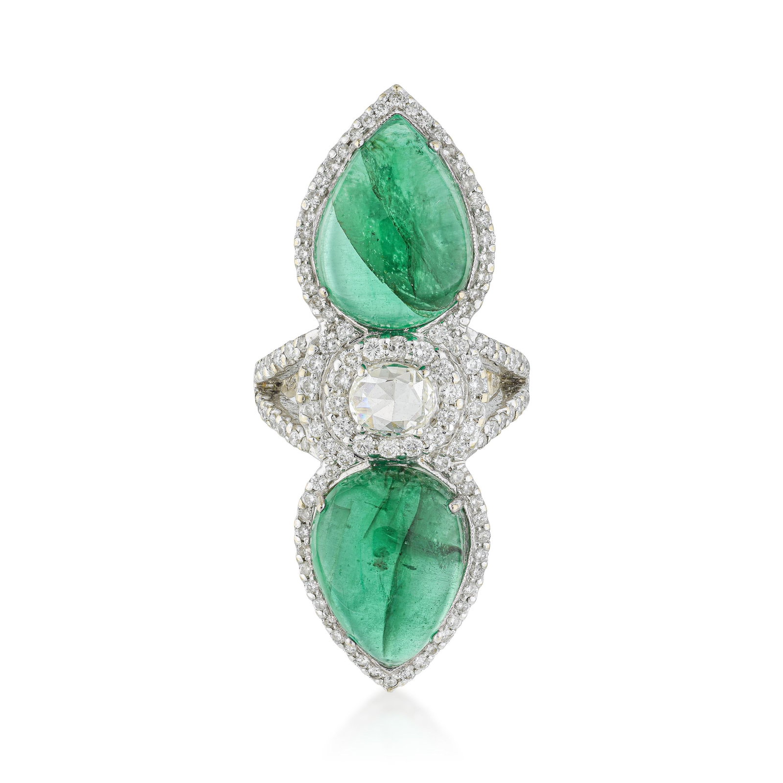 Emerald Cabochon and Diamond Cocktail Ring: ESTIMATED RETAIL PRICE: $22,000* *This is the estimated value a piece of similar quality, craftsmanship, and characteristics could command at retail. Two emerald cabochons at 16 carats total in a