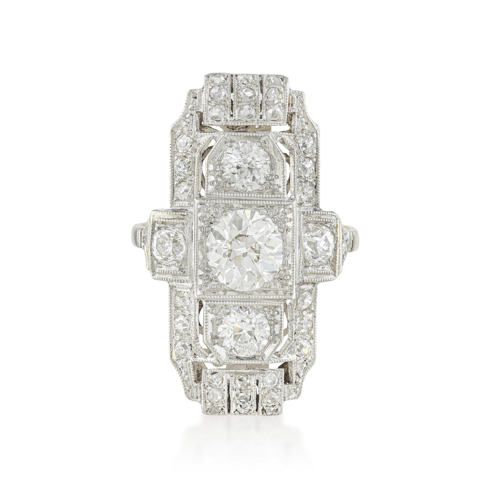 Art Deco Diamond Shield Ring: ESTIMATED RETAIL PRICE: $10,000* *This is the estimated value a piece of similar quality, craftsmanship, and characteristics could command at retail. Shield rings, with their flat, wide-faced geometry