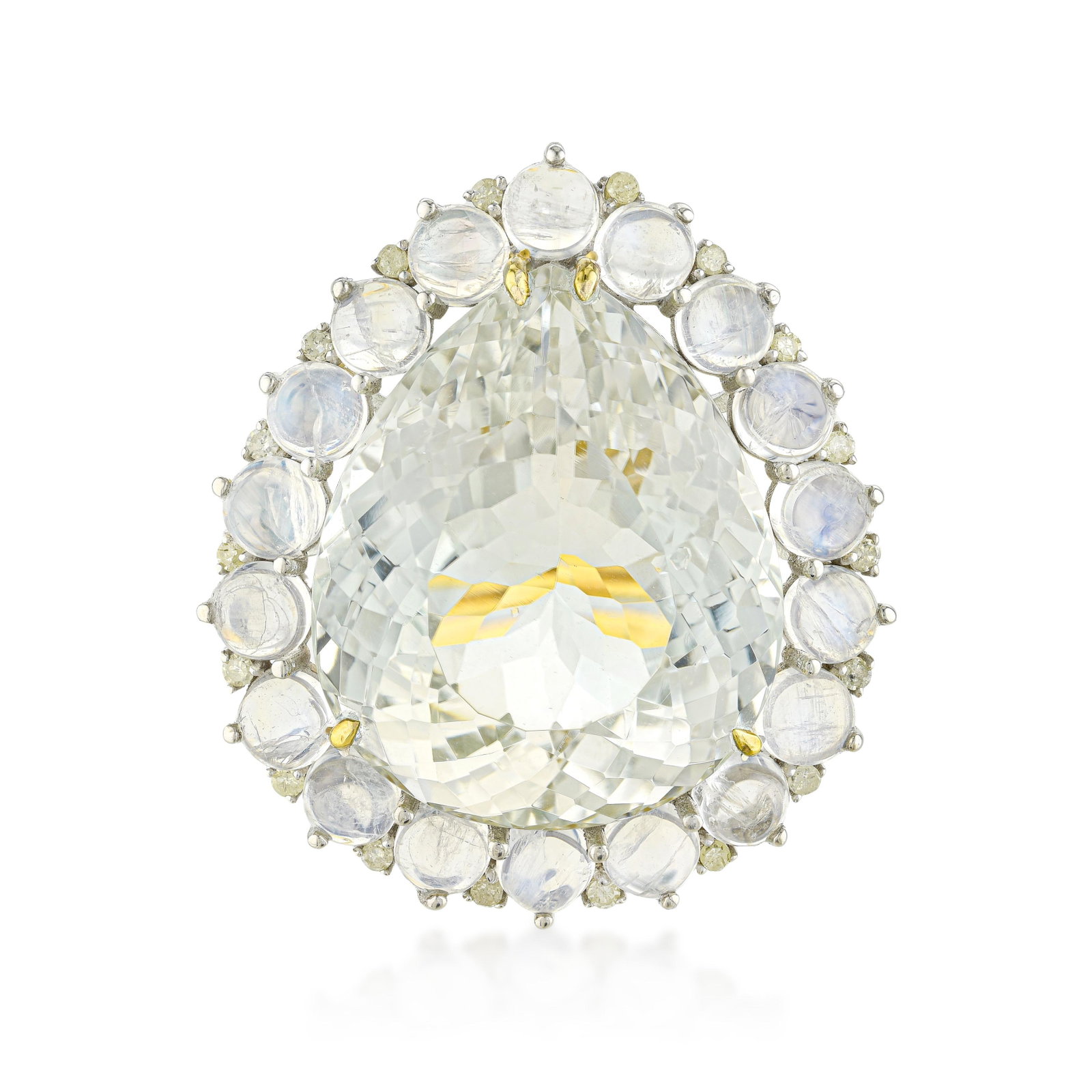 White Topaz Moonstone and Diamond Ring: ESTIMATED RETAIL PRICE: $1,800* *This is the estimated value a piece of similar quality, craftsmanship, and characteristics could command at retail. White topaz in a large center stone is a design