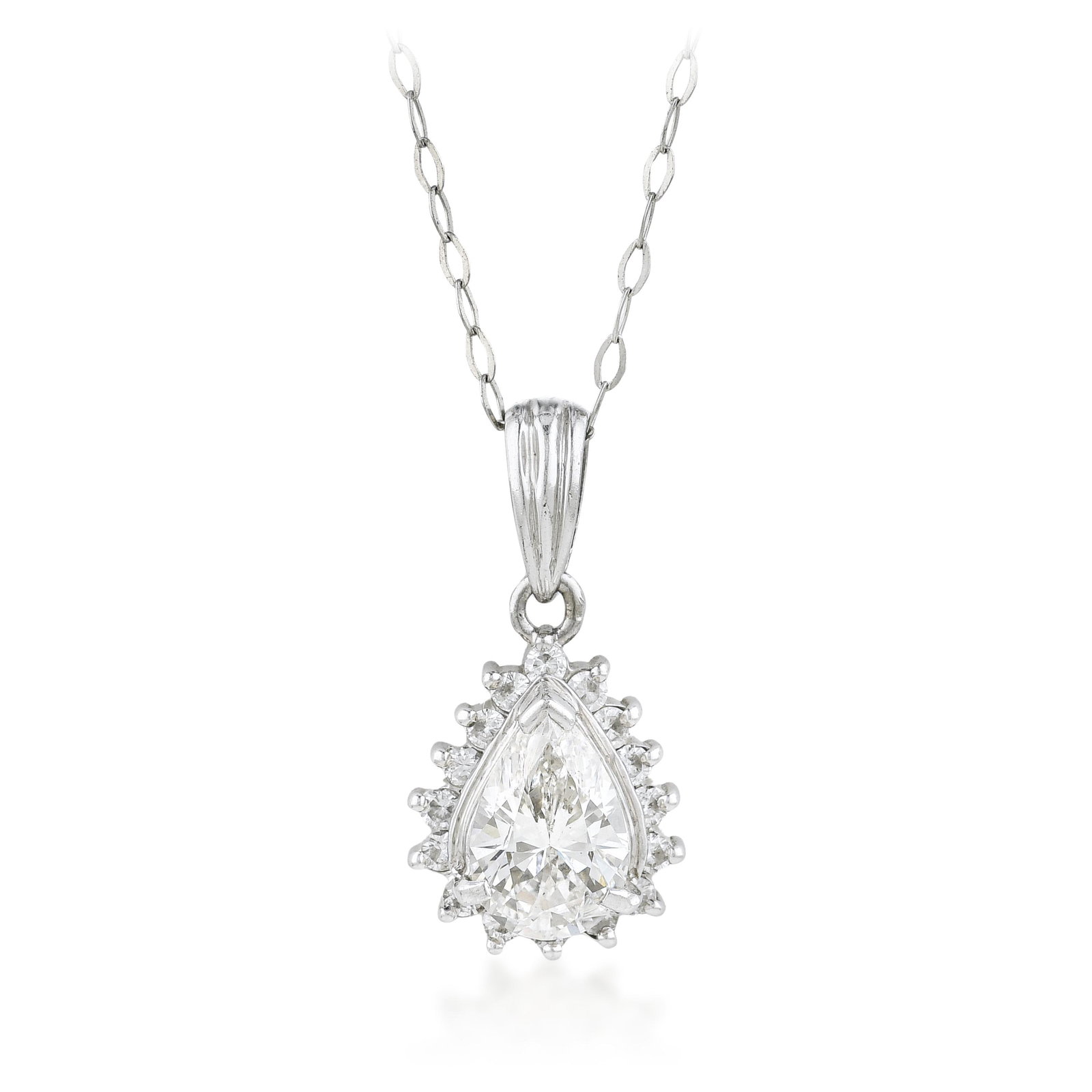 Pear Shape Diamond Pendant Necklace: ESTIMATED RETAIL PRICE: $4,750* *This is the estimated value a piece of similar quality, craftsmanship, and characteristics could command at retail. The pear shape on a platinum chain at 18 inches