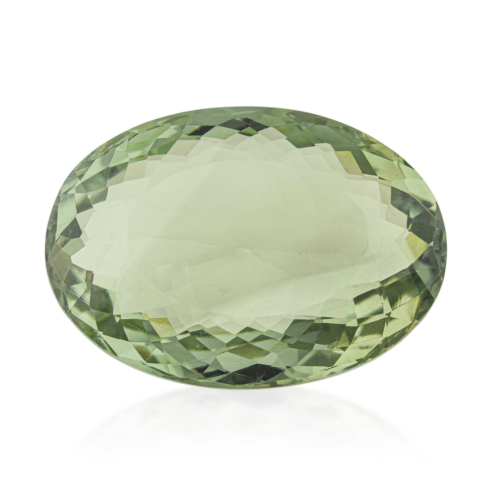 33.50-Carat Oval Fancy Cut Green Prasiolite Loose Gemstone: ESTIMATED RETAIL PRICE: $350* *This is the estimated value a piece of similar quality, craftsmanship, and characteristics could command at retail. Prasiolite in oval fancy cut offers a pale,