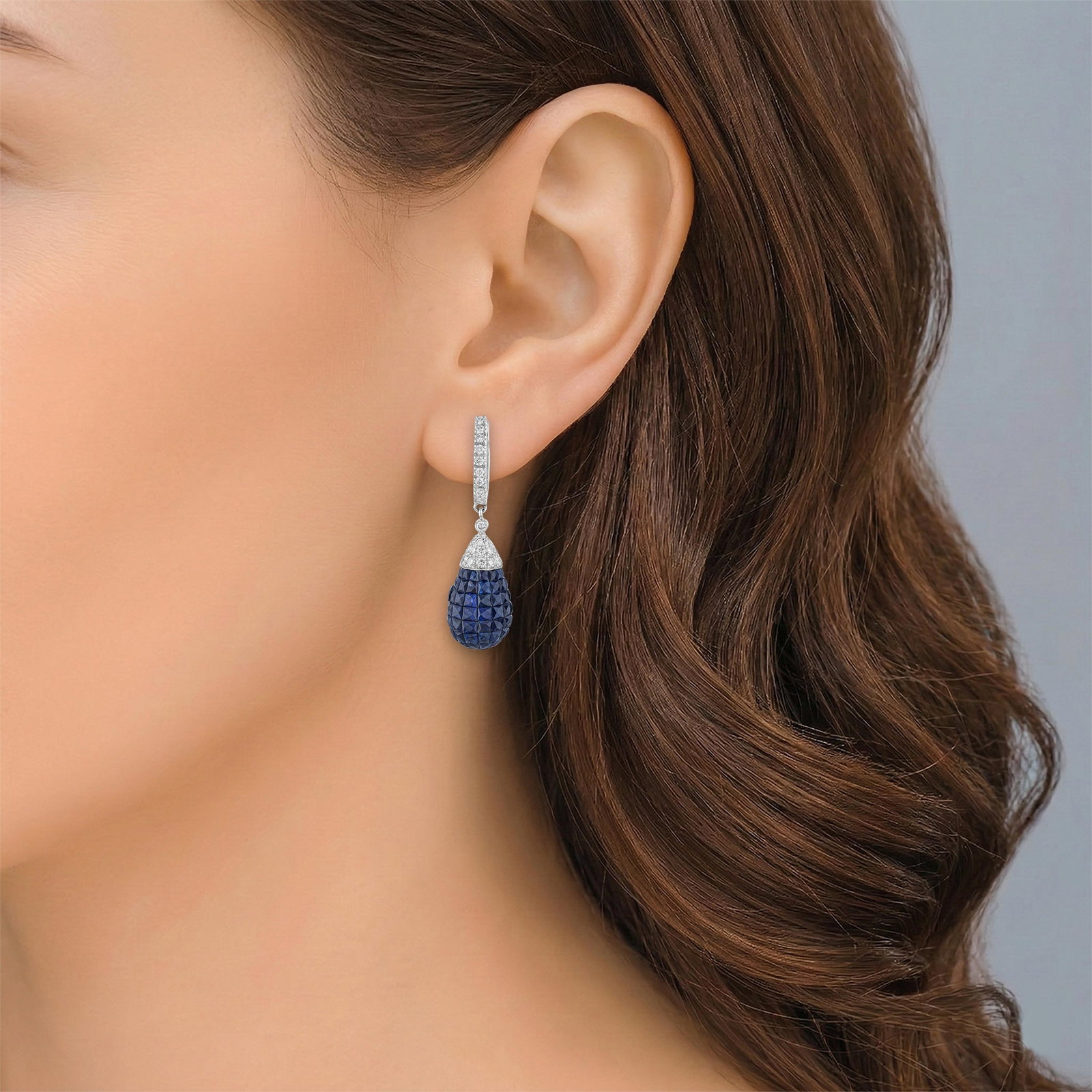 Invisible-Set Blue Sapphire and Diamond Drop Earrings - 2