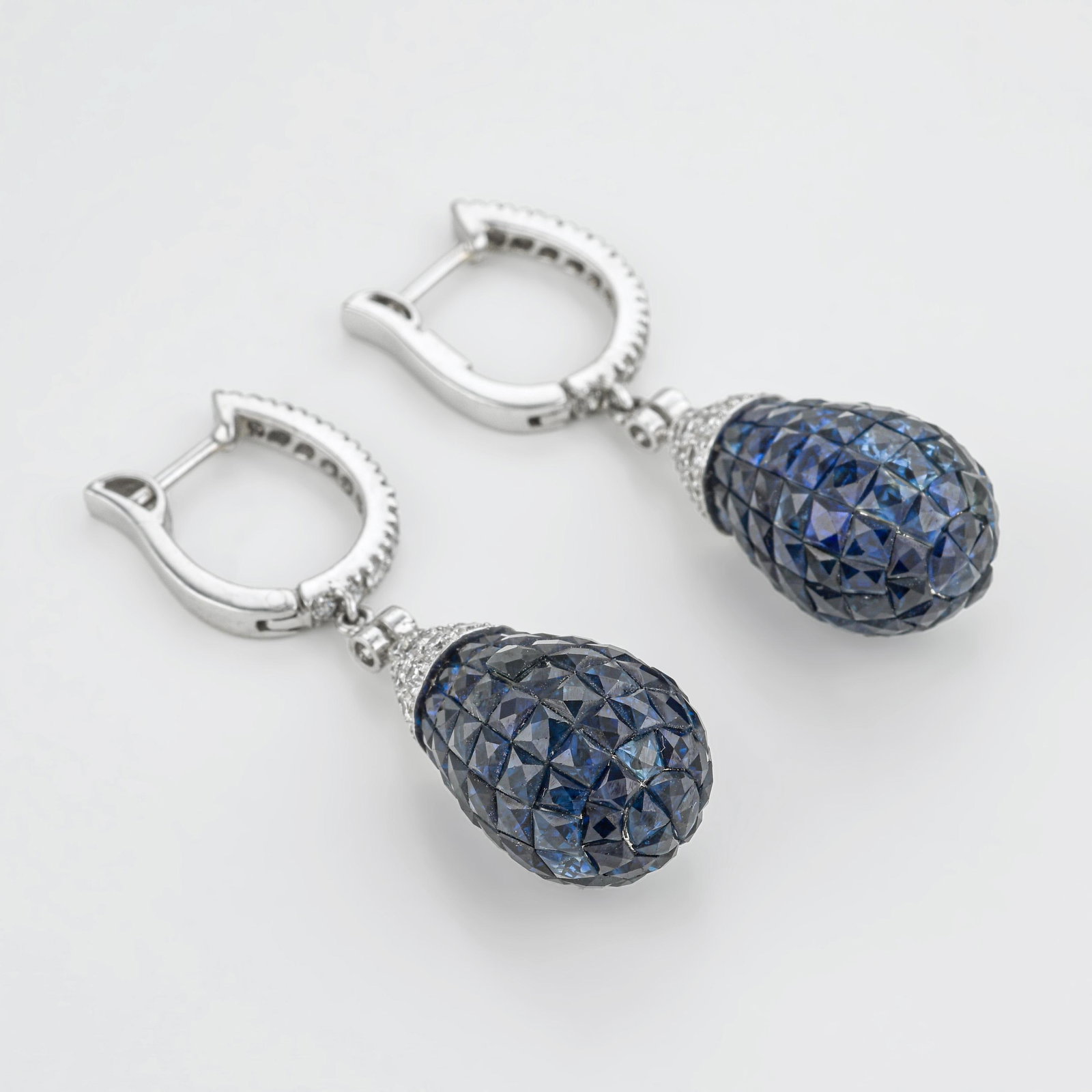 Invisible-Set Blue Sapphire and Diamond Drop Earrings - 3