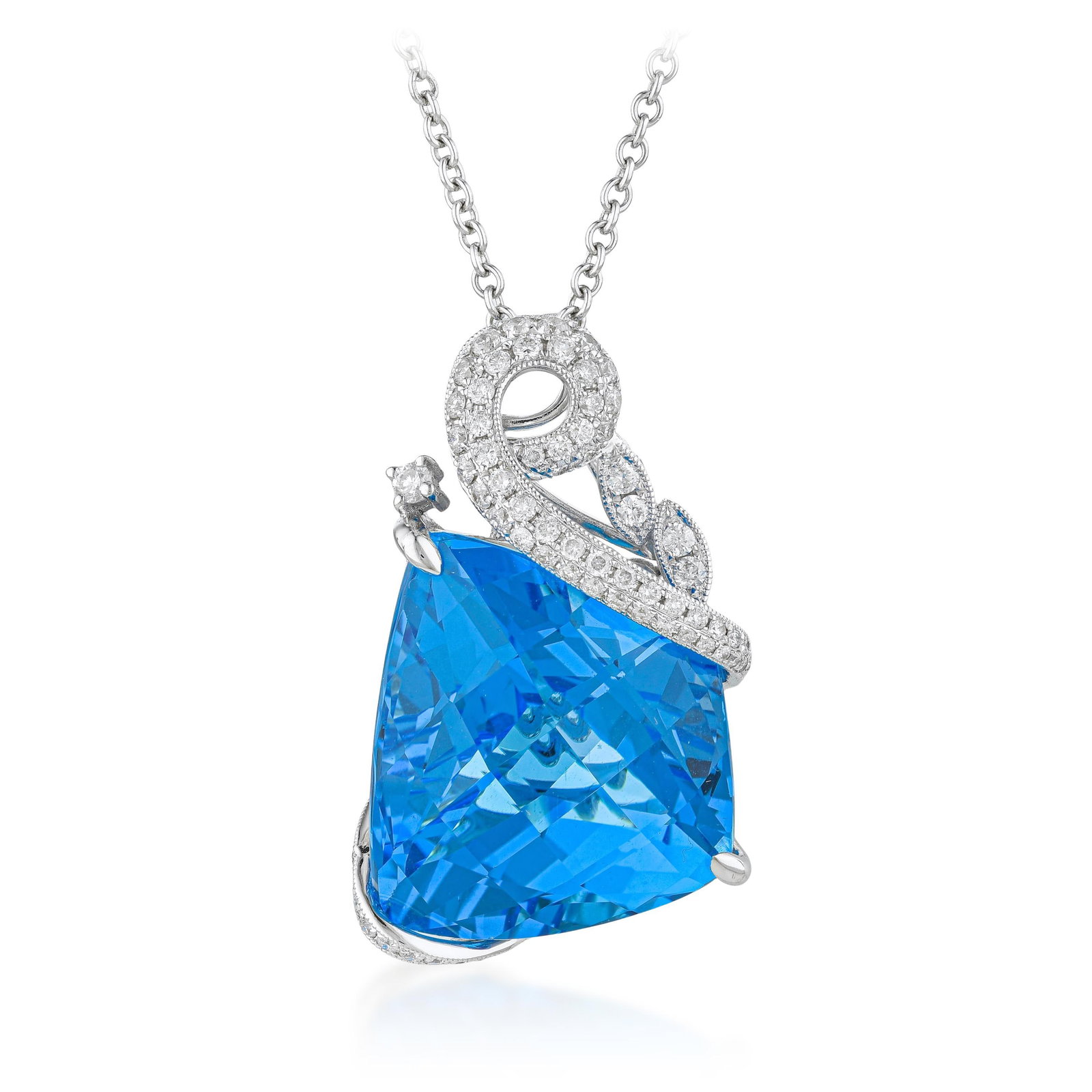Blue Topaz and Diamond Pendant Necklace: ESTIMATED RETAIL PRICE: $5,000* *This is the estimated value a piece of similar quality, craftsmanship, and characteristics could command at retail. London blue topaz at 23.33 carats in a pendant requ