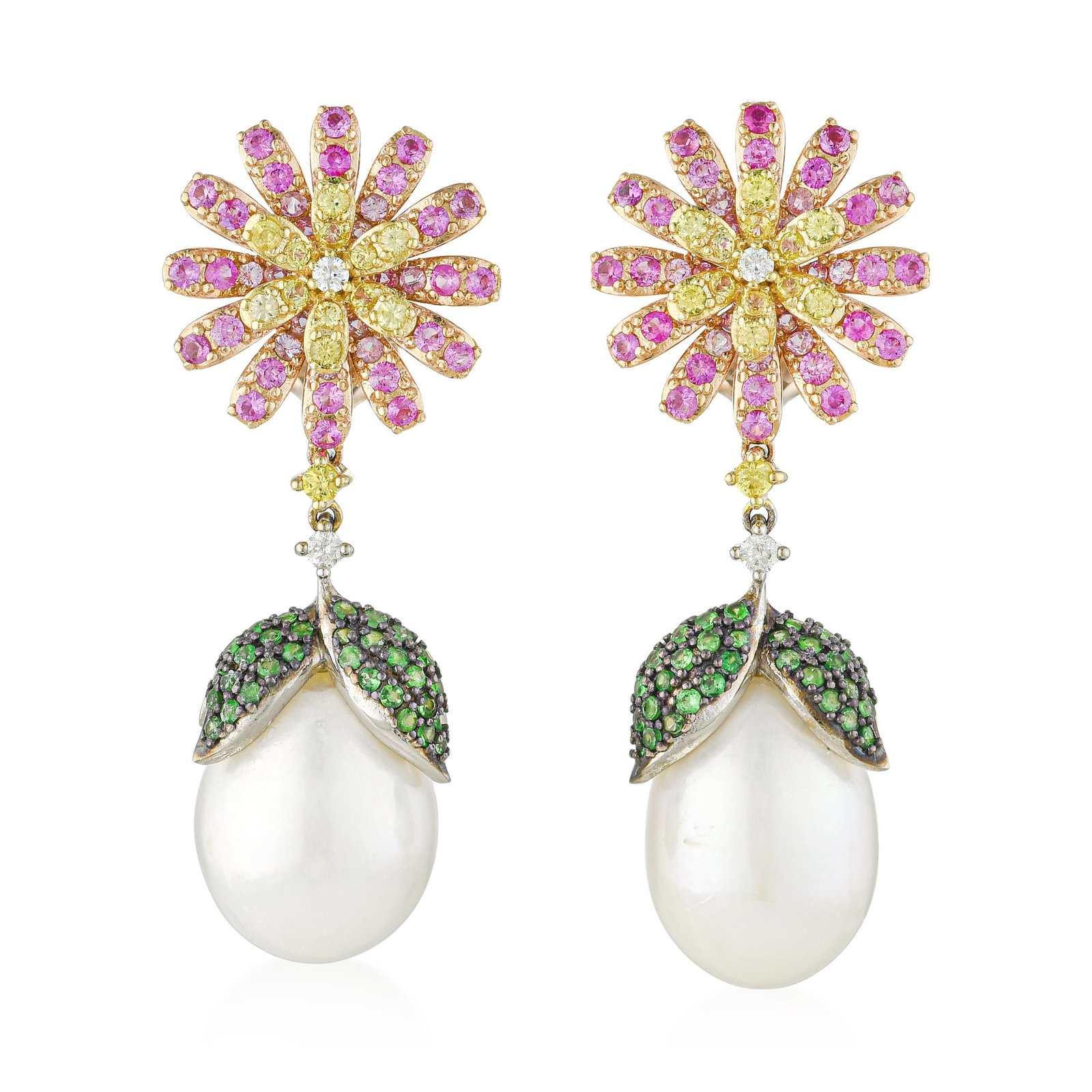 Multicolor Gemstone Daisy and Baroque Pearl Drop Earrings - 2