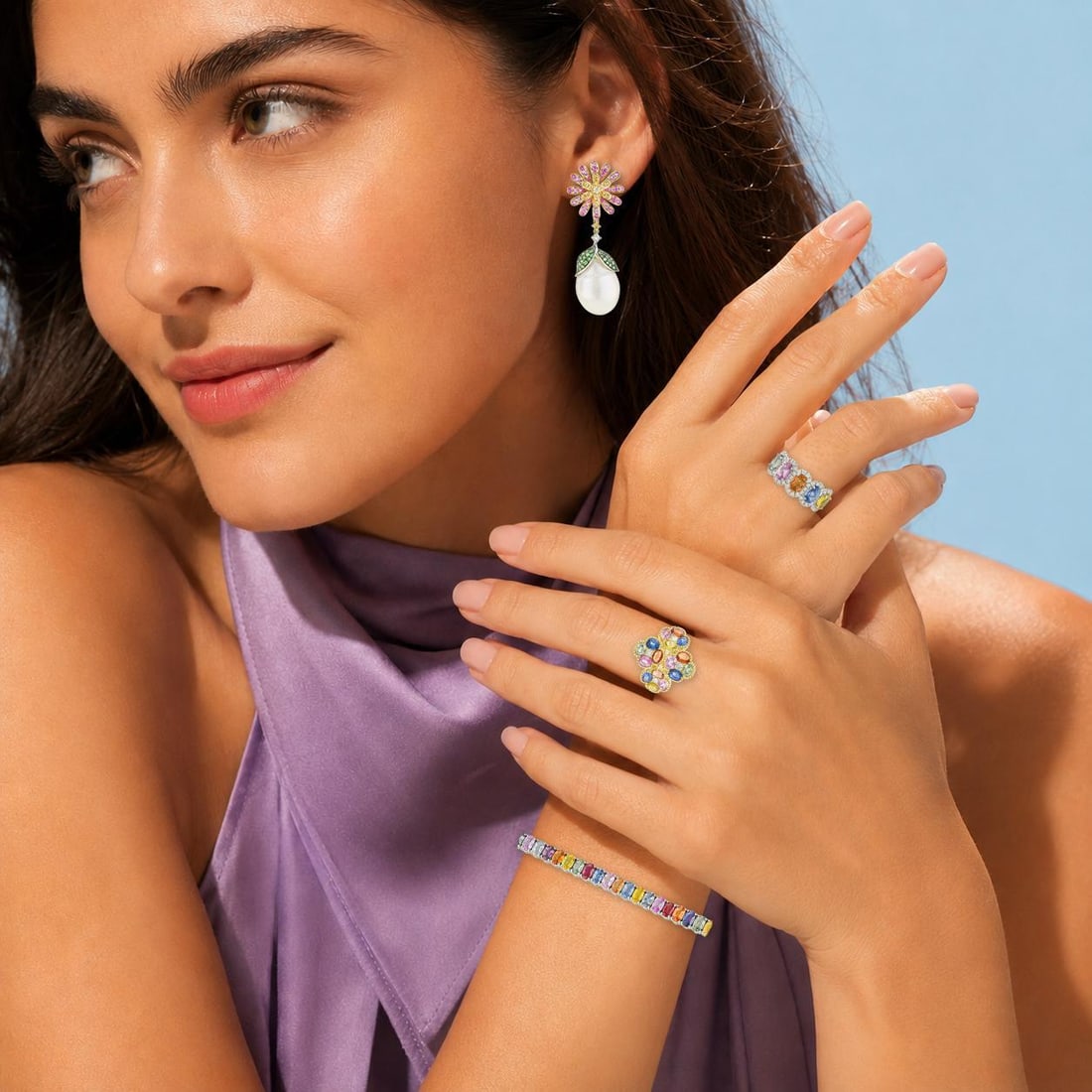 Multicolor Sapphire and Diamond Cluster Ring - 4