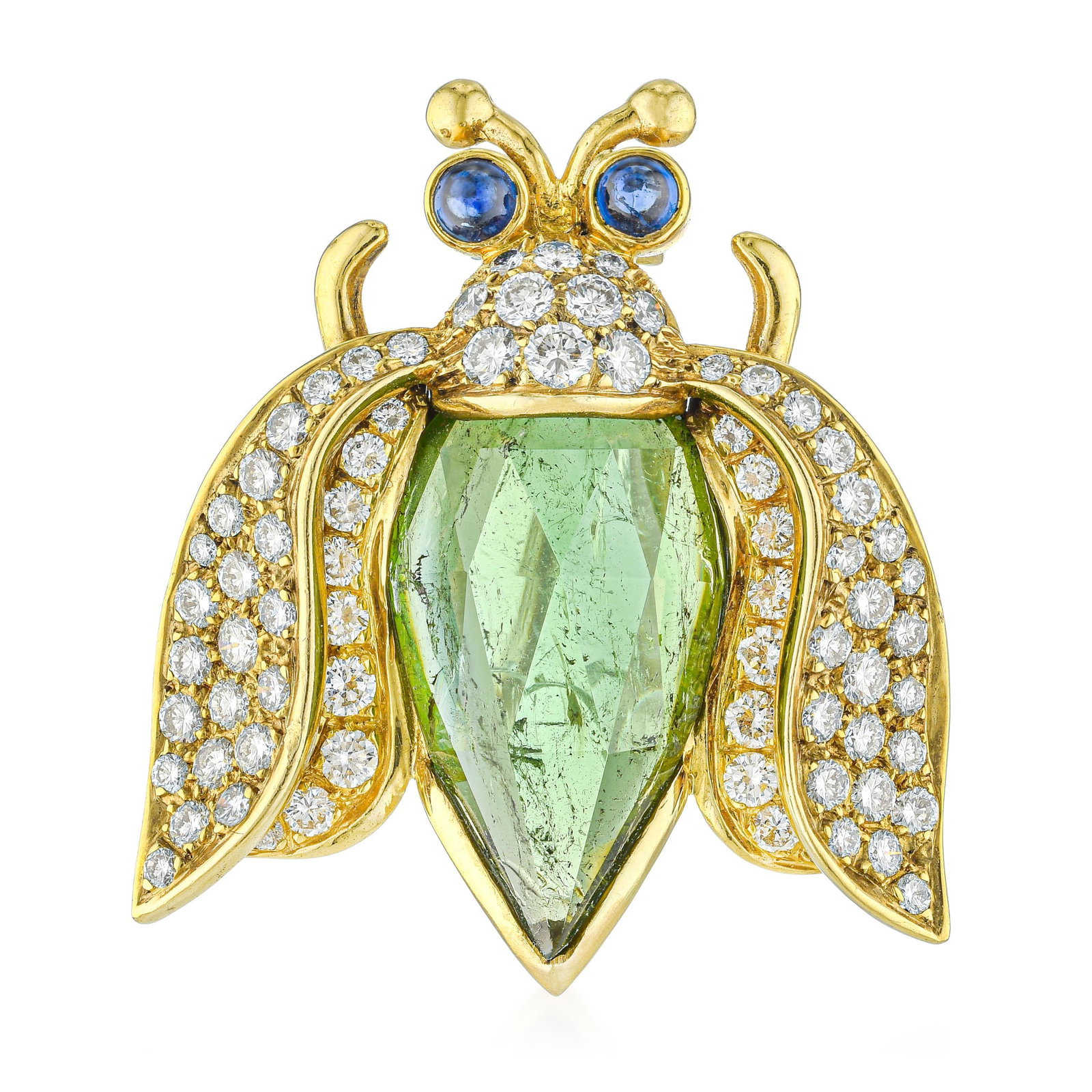 Green Tourmaline Diamond and Sapphire Insect Pin: ESTIMATED RETAIL PRICE: $9,000* *This is the estimated value a piece of similar quality, craftsmanship, and characteristics could command at retail. Insect motifs in fine jewelry have a tradition