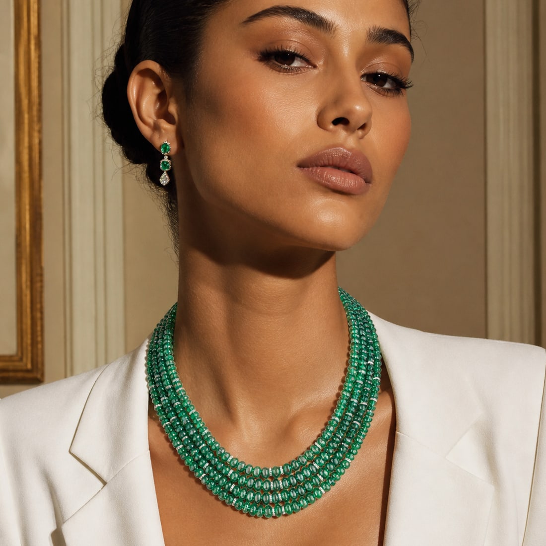 Zambian Emerald Bead and Diamond Four Strand Necklace - 2