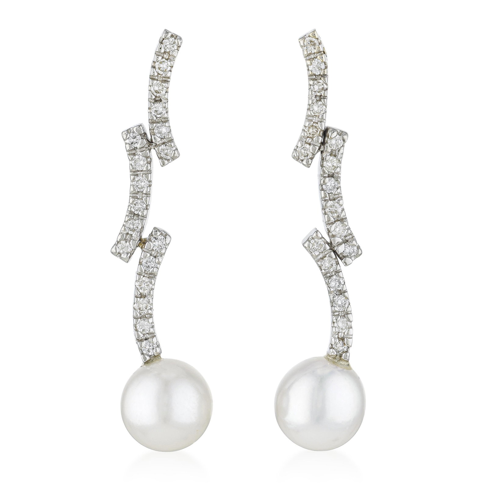Pearl and Diamond Hanging Earrings: ESTIMATED RETAIL PRICE: $3,000* *This is the estimated value a piece of similar quality, craftsmanship, and characteristics could command at retail. Drop earrings that pair diamonds above with pearl