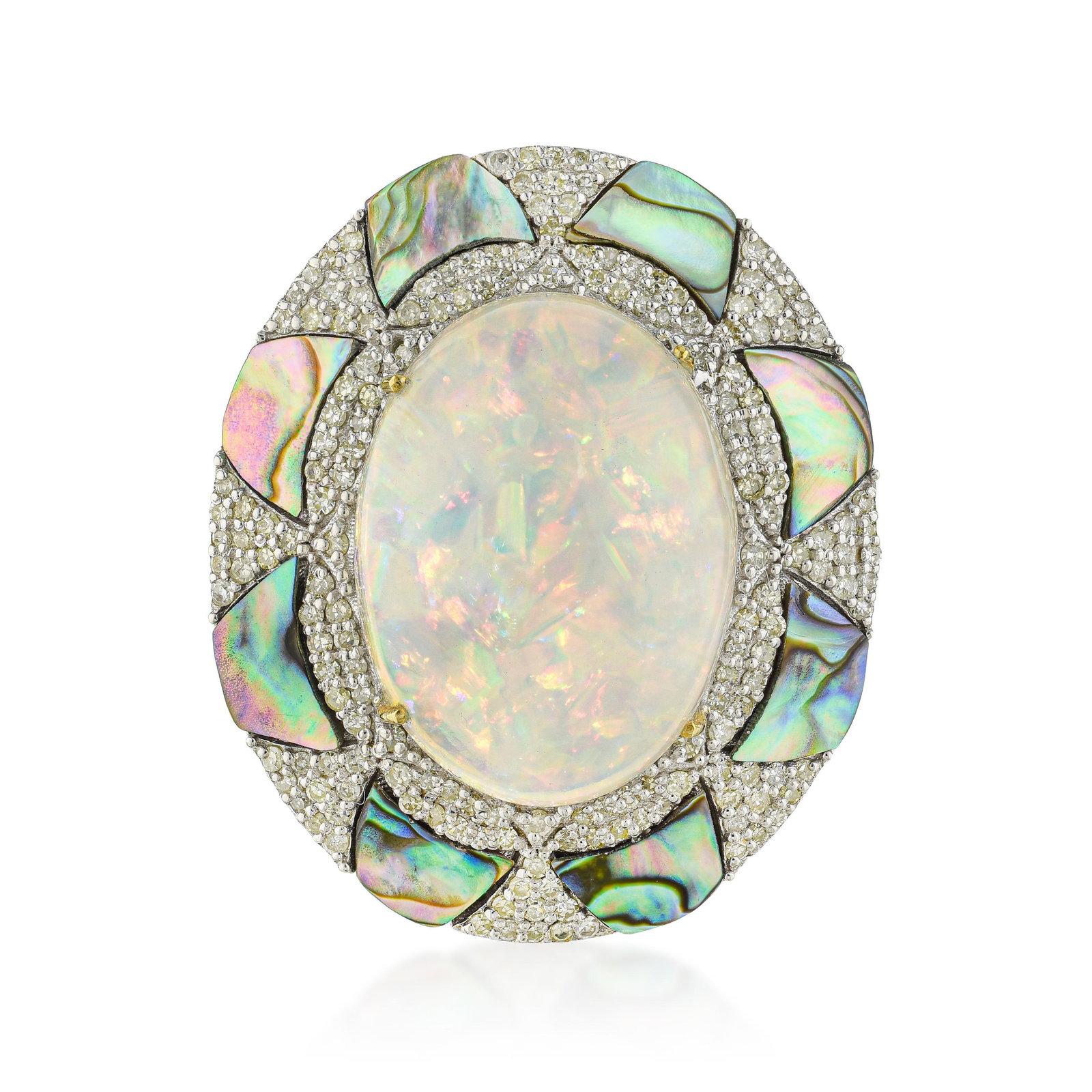 Opal Abalone and Diamond Ring: ESTIMATED RETAIL PRICE: $2,200* *This is the estimated value a piece of similar quality, craftsmanship, and characteristics could command at retail. The combination of opal and abalone shell in a