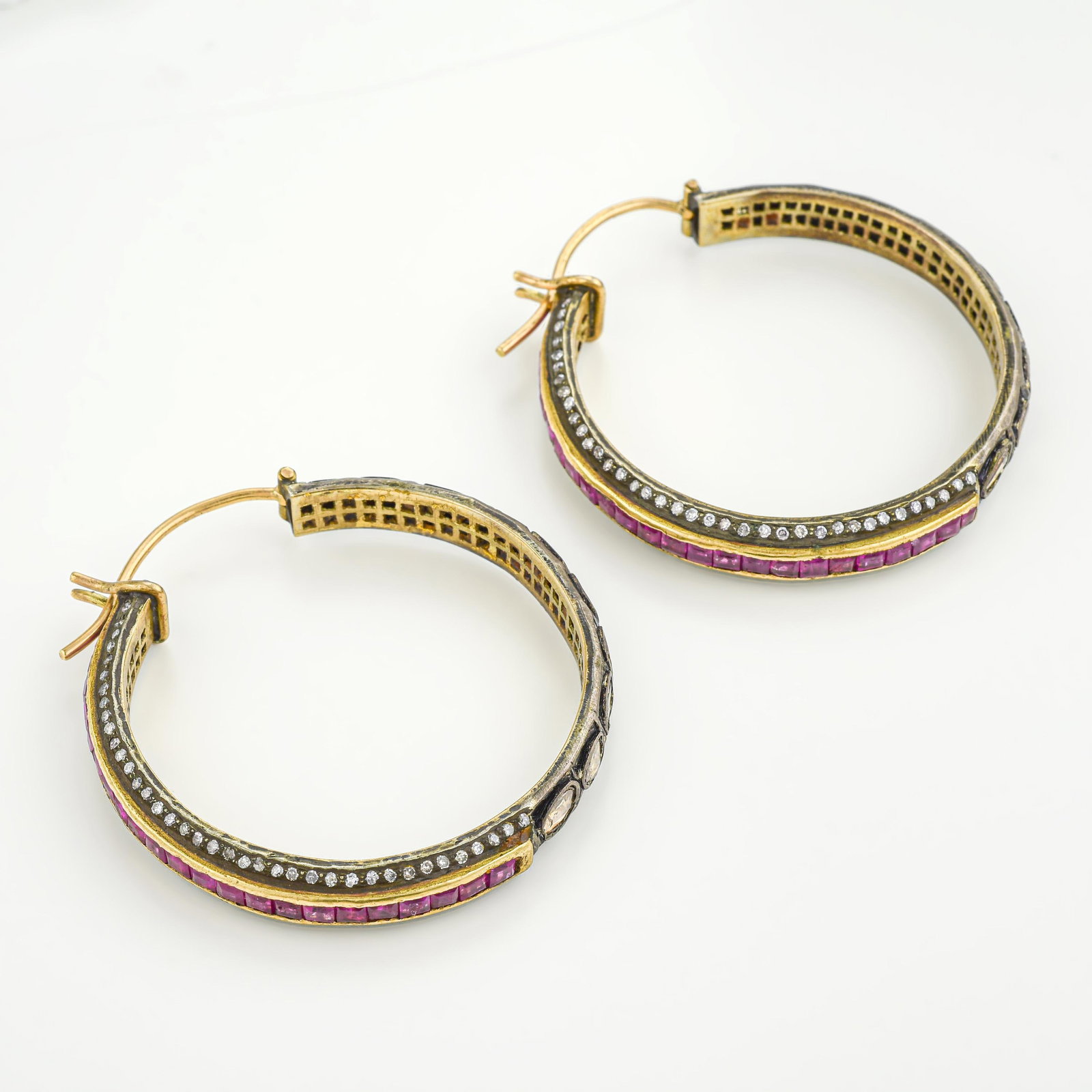 Rose Cut Diamond and Ruby Hoop Earrings - 2