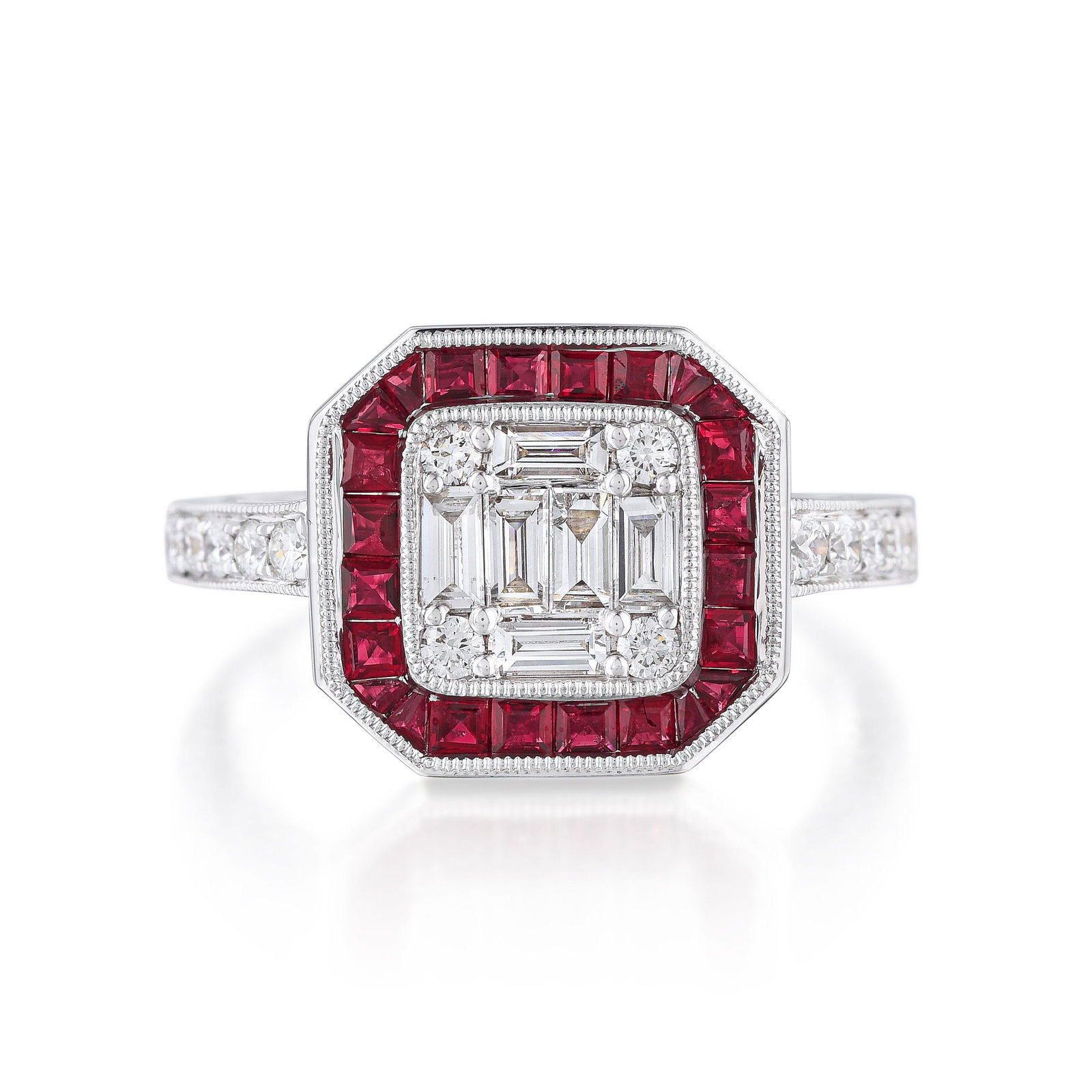 Ruby and Diamond Art Deco Style Ring: ESTIMATED RETAIL PRICE: $4,500* *This is the estimated value a piece of similar quality, craftsmanship, and characteristics could command at retail. Square faceted rubies at 0.90 carats total