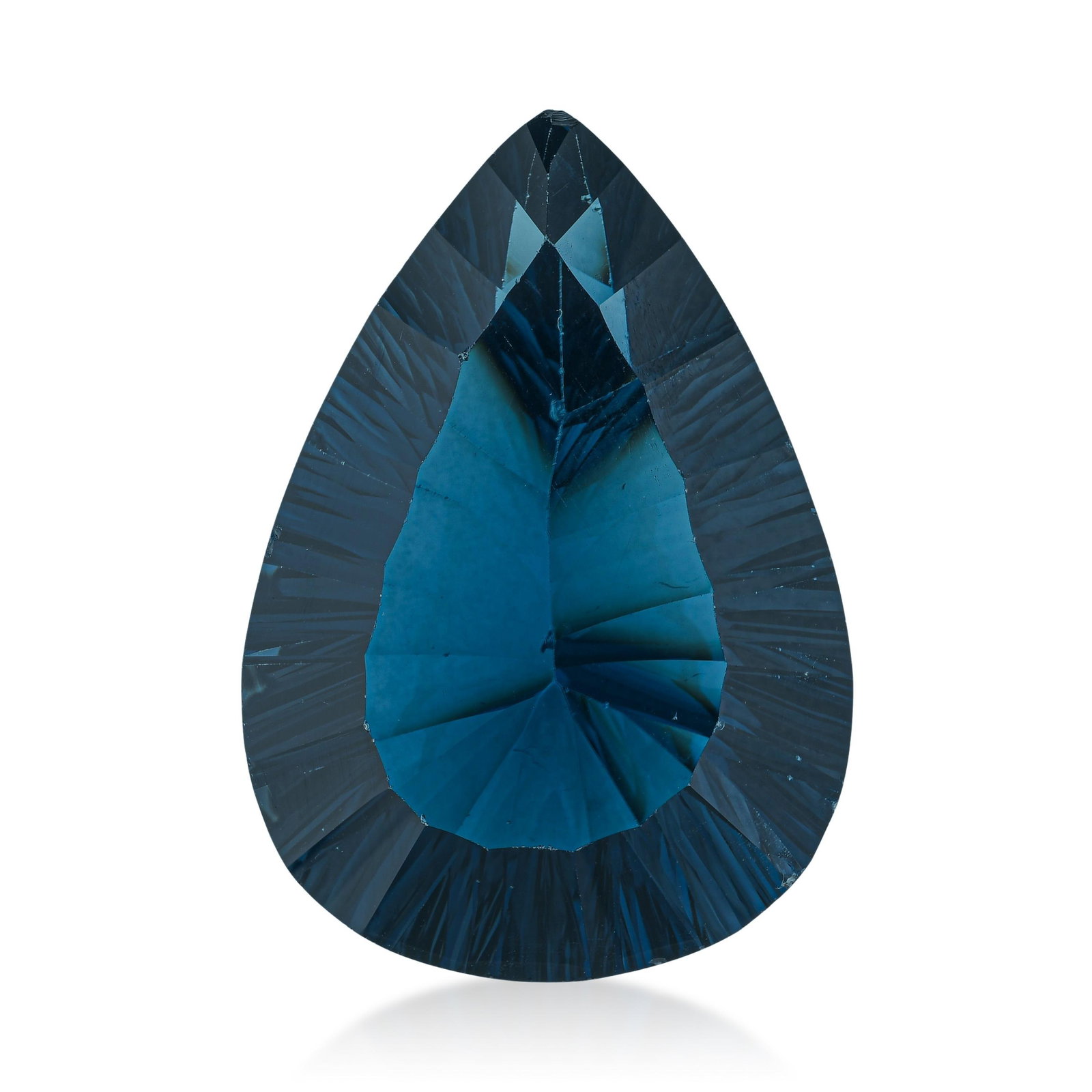 57.00-Carat Pear Shape Concave Cut London Blue Topaz: ESTIMATED RETAIL PRICE: $900* *This is the estimated value a piece of similar quality, craftsmanship, and characteristics could command at retail. Concave cutting on London blue topaz is a relatively