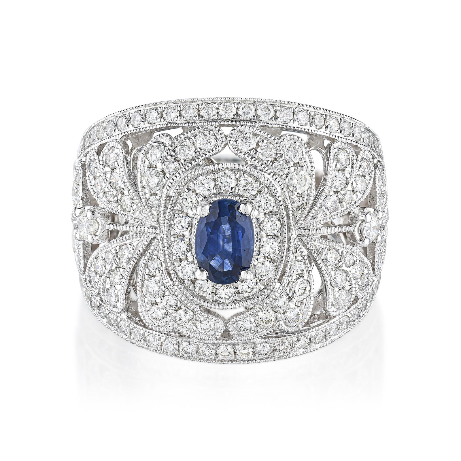 Sapphire and Diamond Pavé Band Ring: ESTIMATED RETAIL PRICE: $7,250* *This is the estimated value a piece of similar quality, craftsmanship, and characteristics could command at retail. Here, the 0.68-carat oval sapphire becomes a