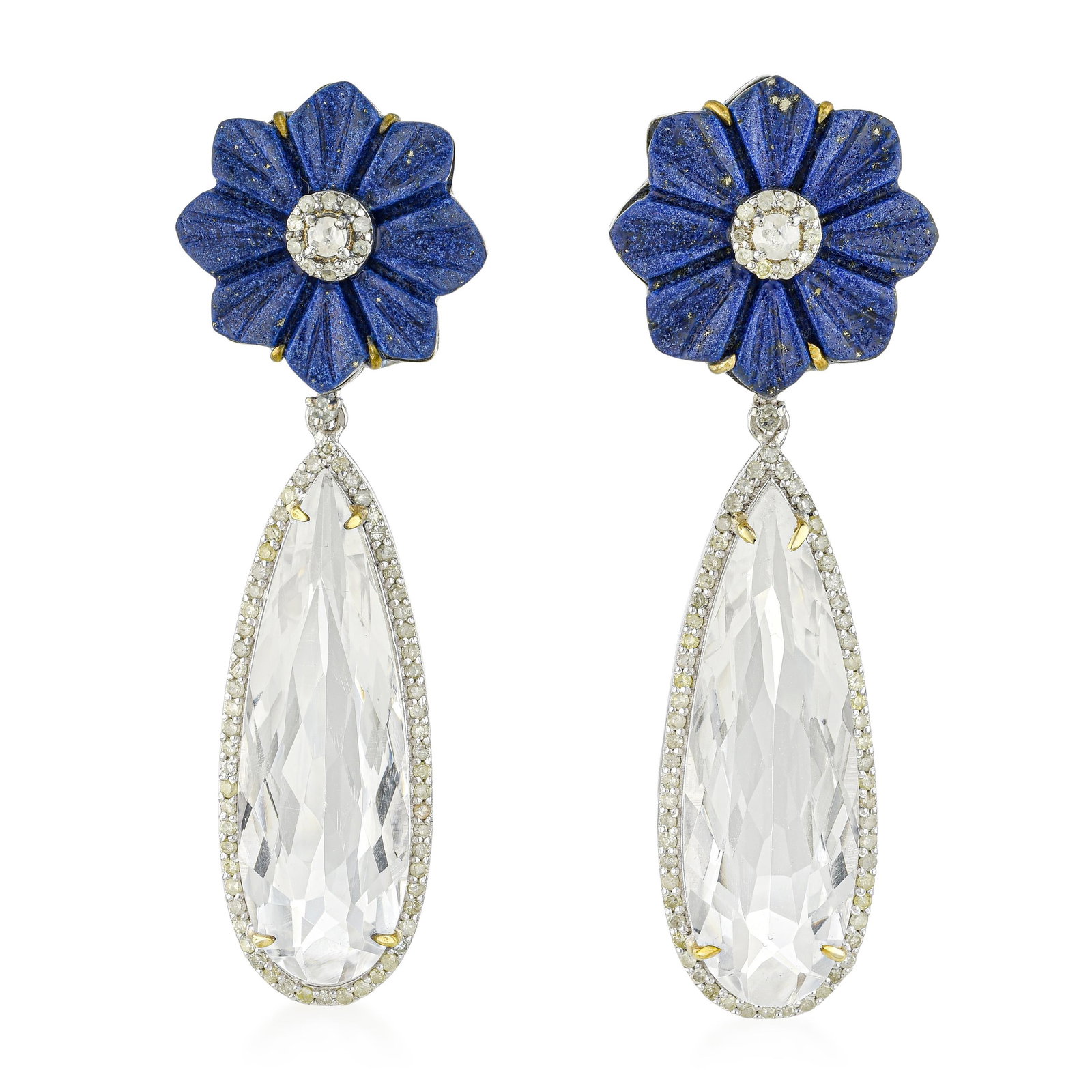 Hand Carved Lapis Lazuli Flower and Rock Crystal Diamond Drop Earrings: ESTIMATED RETAIL PRICE: $2,500* *This is the estimated value a piece of similar quality, craftsmanship, and characteristics could command at retail. The contrast between hand-carved lapis lazuli