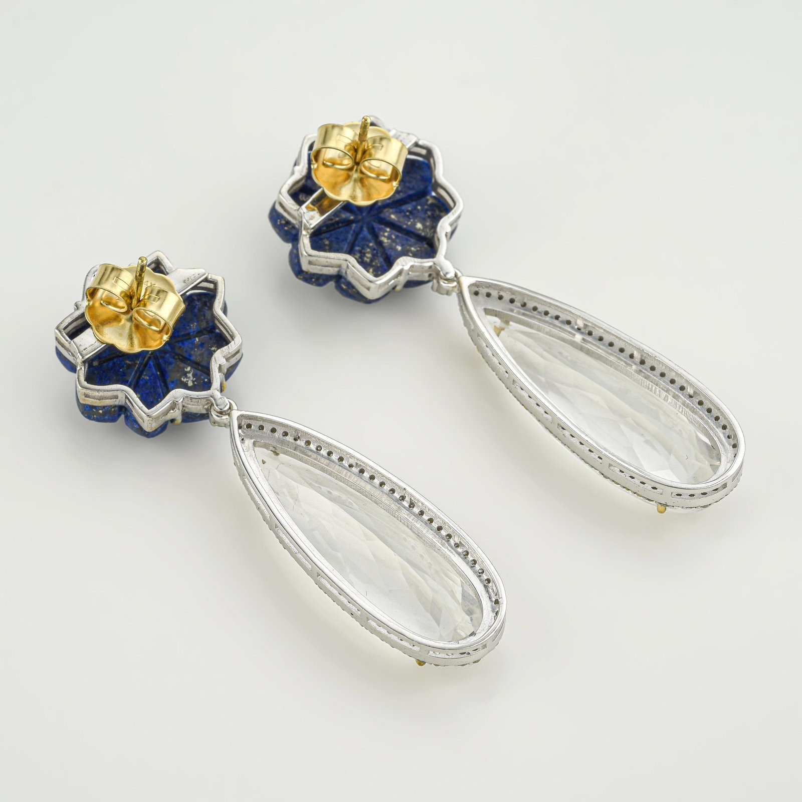 Hand Carved Lapis Lazuli Flower and Rock Crystal Diamond Drop Earrings - 2